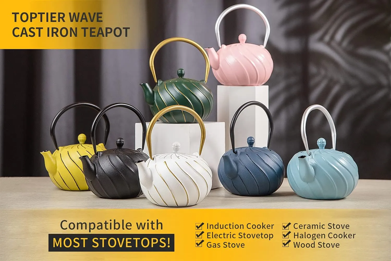 Cast Iron Tea Kettle, TOPTIER Japanese Cast Iron Tea Kettle with Infuser for Loose Leaf and Tea Bags, Stovetop Safe Cast Iron Teakettle Coated with Enameled Interior for 40 oz (1200 ml), Navy Blue