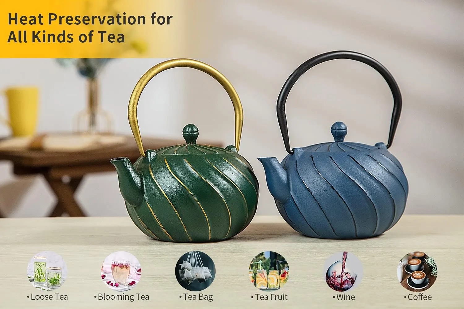 Cast Iron Tea Kettle, TOPTIER Japanese Cast Iron Tea Kettle with Infuser for Loose Leaf and Tea Bags, Stovetop Safe Cast Iron Teakettle Coated with Enameled Interior for 40 oz (1200 ml), Navy Blue