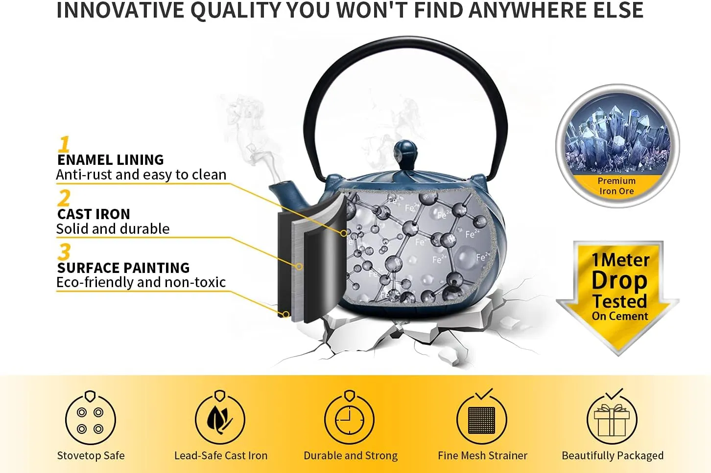 Cast Iron Tea Kettle, TOPTIER Japanese Cast Iron Tea Kettle with Infuser for Loose Leaf and Tea Bags, Stovetop Safe Cast Iron Teakettle Coated with Enameled Interior for 40 oz (1200 ml), Navy Blue