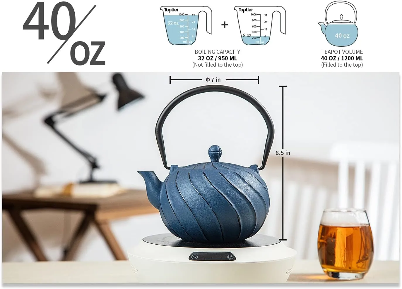 Cast Iron Tea Kettle, TOPTIER Japanese Cast Iron Tea Kettle with Infuser for Loose Leaf and Tea Bags, Stovetop Safe Cast Iron Teakettle Coated with Enameled Interior for 40 oz (1200 ml), Navy Blue