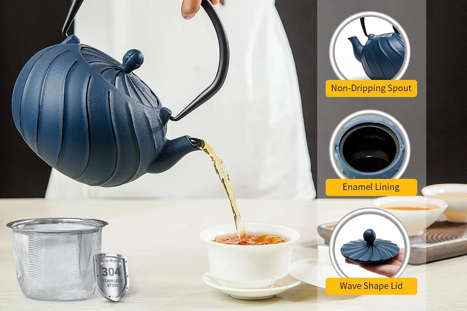 Cast Iron Tea Kettle, TOPTIER Japanese Cast Iron Tea Kettle with Infuser for Loose Leaf and Tea Bags, Stovetop Safe Cast Iron Teakettle Coated with Enameled Interior for 40 oz (1200 ml), Navy Blue