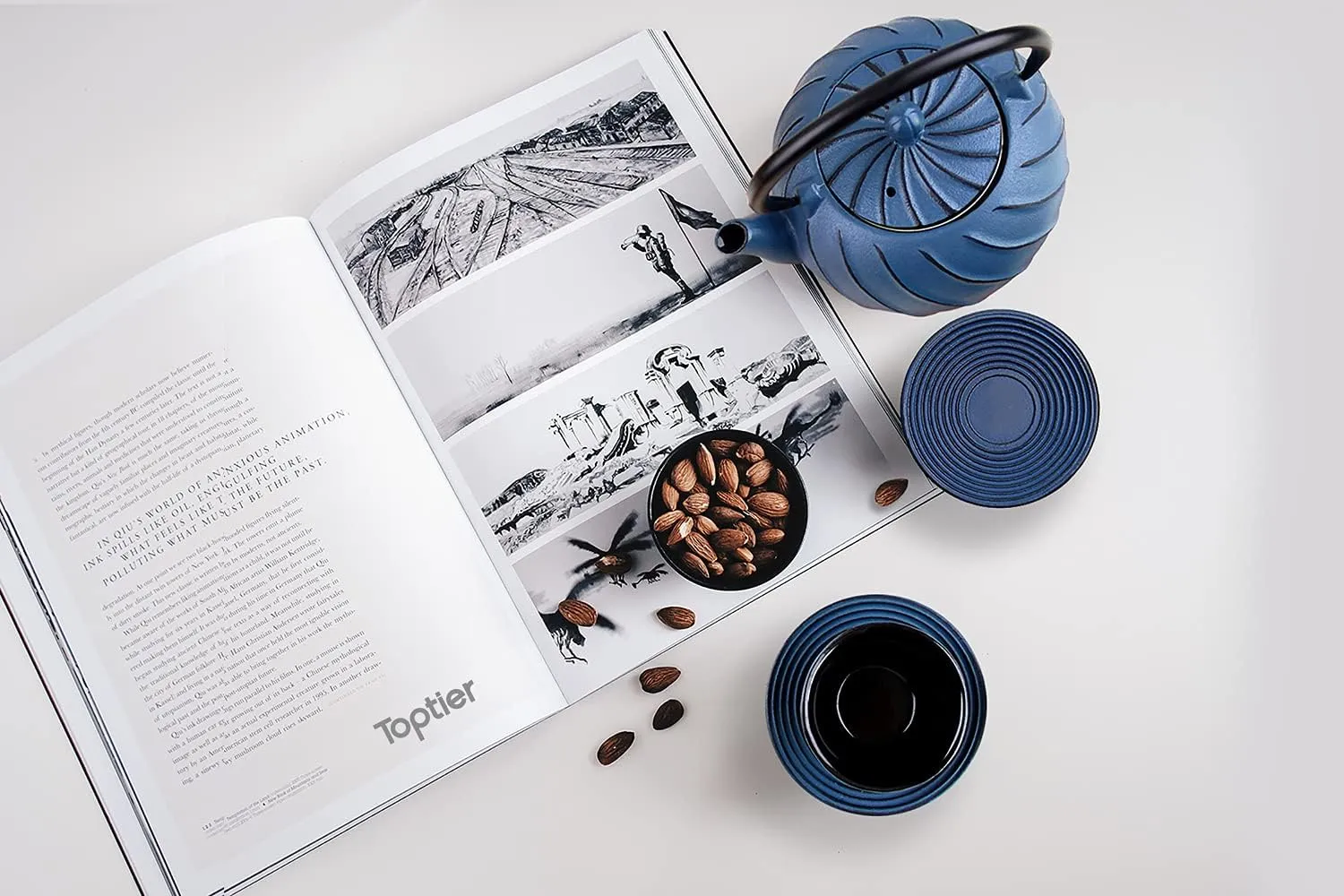 Cast Iron Tea Kettle, TOPTIER Japanese Cast Iron Tea Kettle with Infuser for Loose Leaf and Tea Bags, Stovetop Safe Cast Iron Teakettle Coated with Enameled Interior for 40 oz (1200 ml), Navy Blue