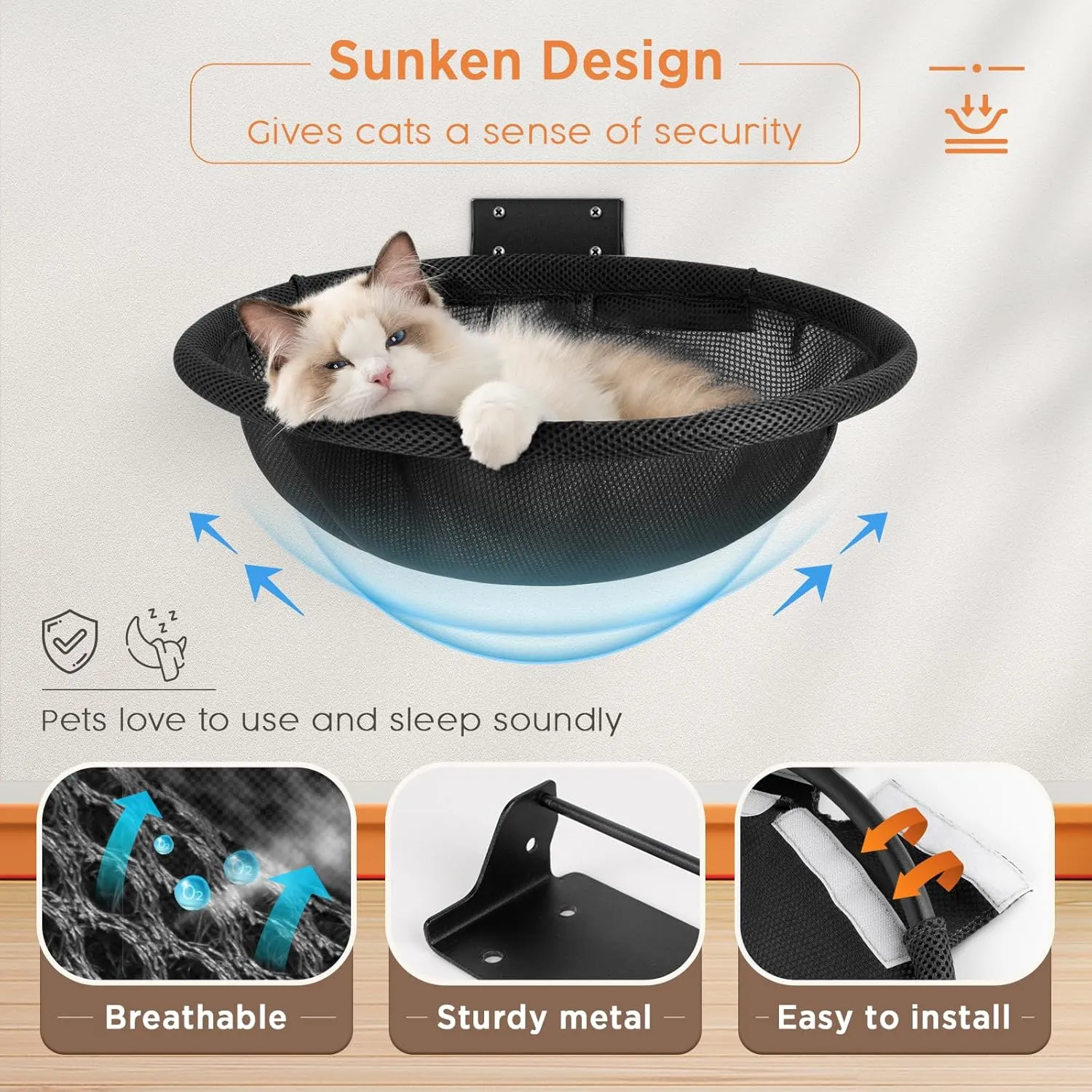 Cat Hammock Wall Mounted, Foldable & Stable Cat Beds- Breathable Cat Wall Shelves for Sleeping, Playing, Climbing, and Lounging - Maximum Hold Up to 30lb (Black)