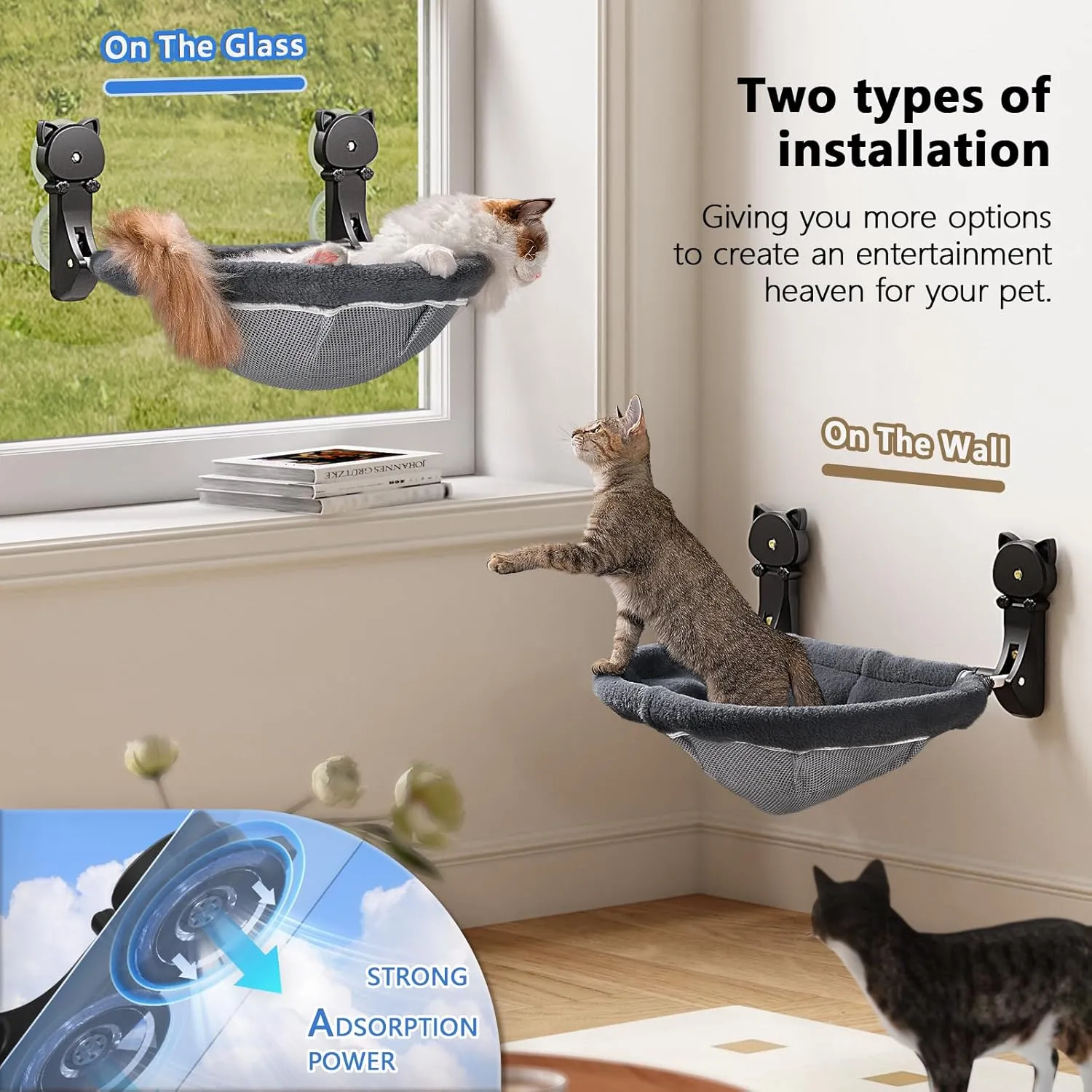 Cat Window Perch Cordless, Foldable & Stable Cat Beds- Breathable Cat Window Hammock for Overlooking, Sunbathing and Climbing - Maximum Hold Up to 40lb