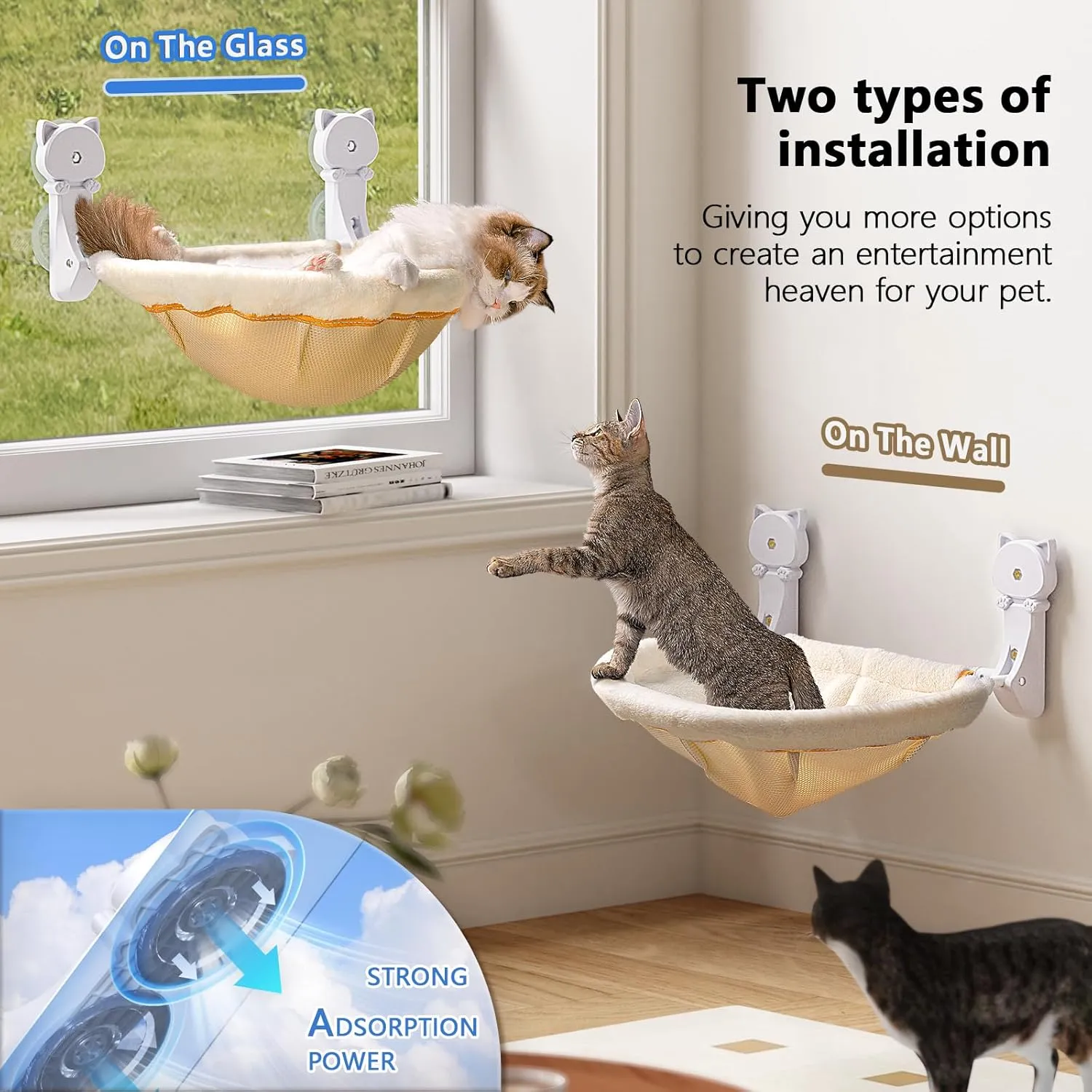 Cat Window Perch Cordless, Foldable & Stable Cat Beds- Breathable Cat Window Hammock for Overlooking, Sunbathing and Climbing - Maximum Hold Up to 40lb