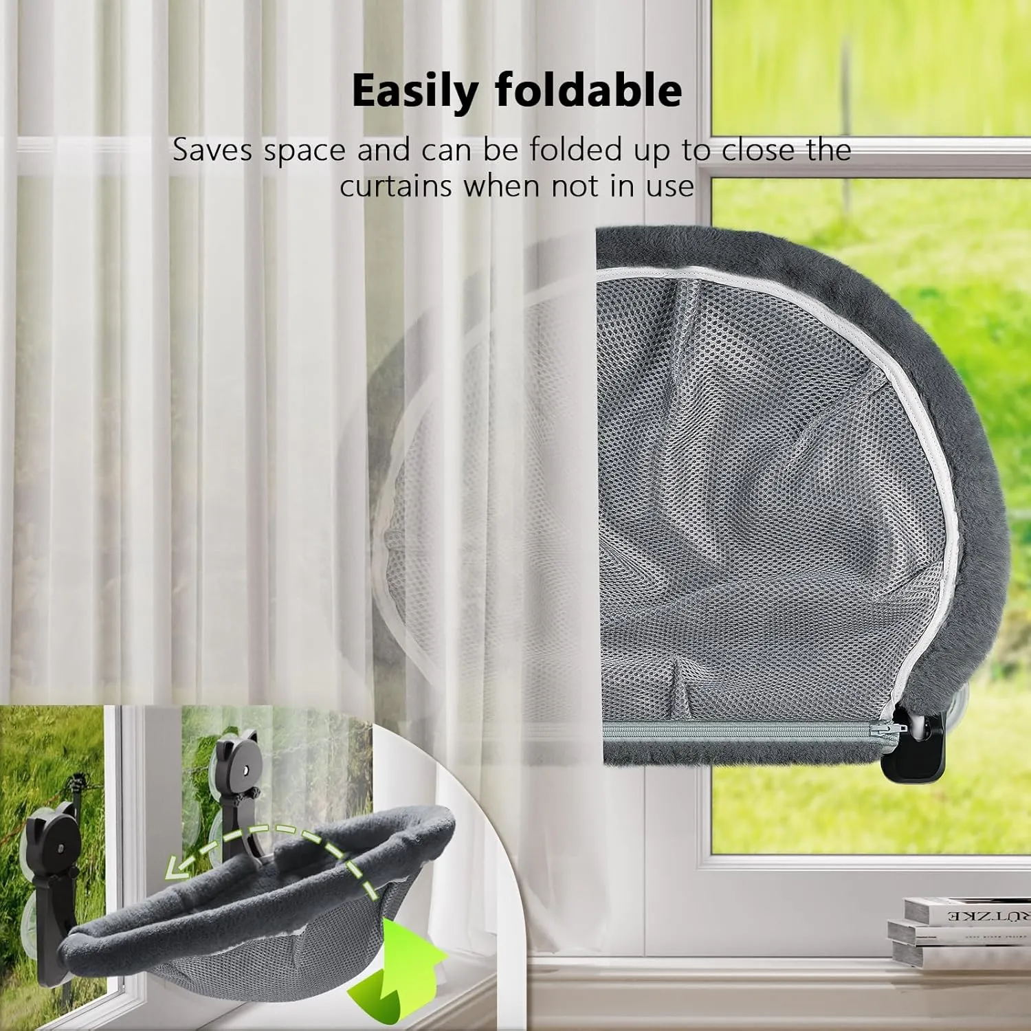 Cat Window Perch Cordless, Foldable & Stable Cat Beds- Breathable Cat Window Hammock for Overlooking, Sunbathing and Climbing - Maximum Hold Up to 40lb