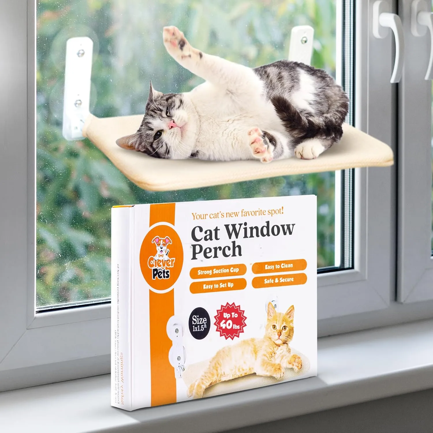 Cat Window Perch – Cordless Foldable Hammock with Hygienic, Claw-Resistant Polyester Mesh, Strong Suction Cups, Space-Saving Shelf and Stylish Lounger for Napping – Holds Up to 40 lbs