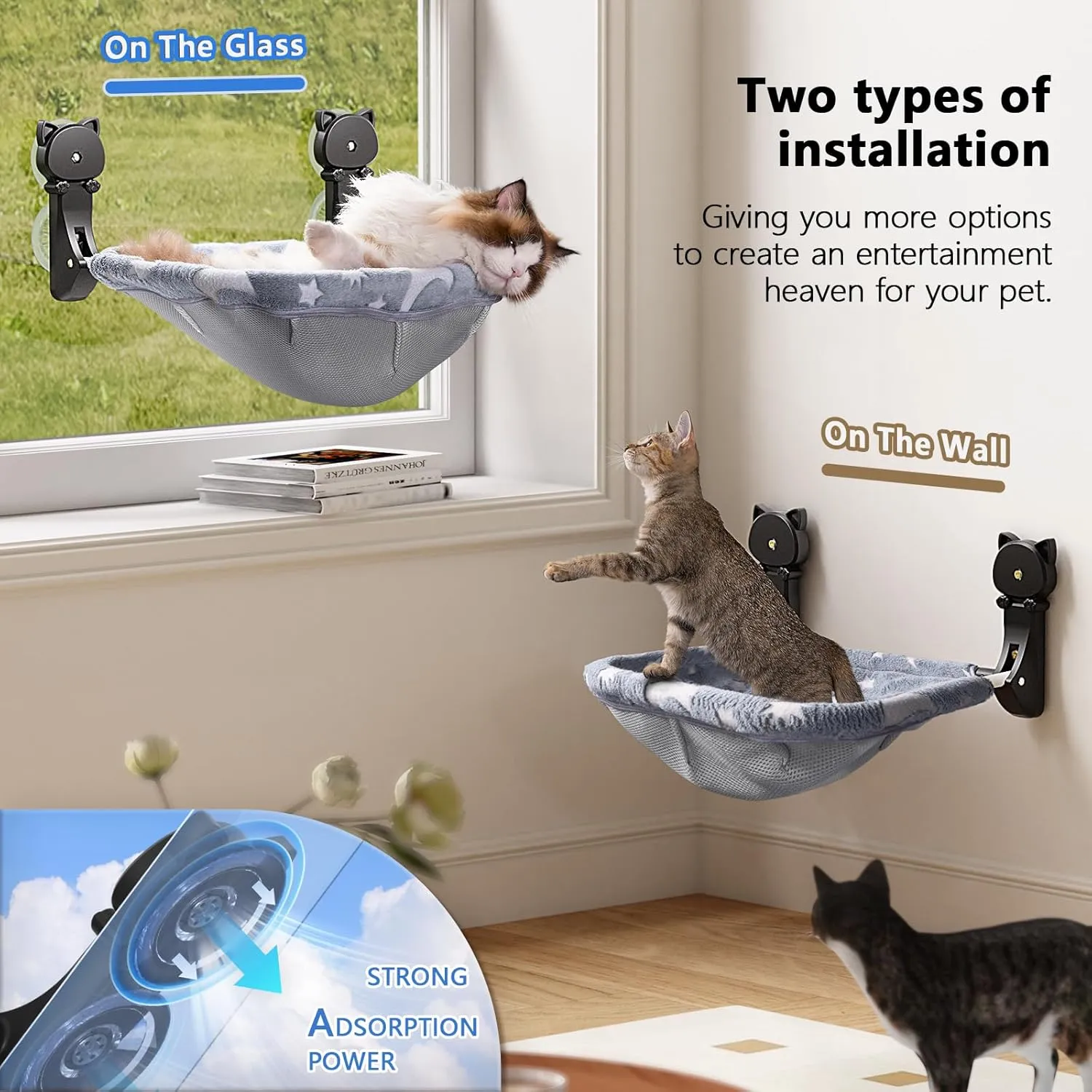 Cat Window Perch Cordless, Glow in The Dark Foldable & Stable Cat Beds- Breathable Window Hammock for Overlooking, Sunbathing and Climbing - Maximum Hold Up to 40lb