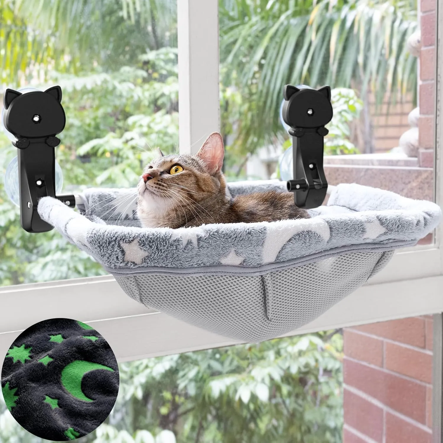 Cat Window Perch Cordless, Glow in The Dark Foldable & Stable Cat Beds- Breathable Window Hammock for Overlooking, Sunbathing and Climbing - Maximum Hold Up to 40lb
