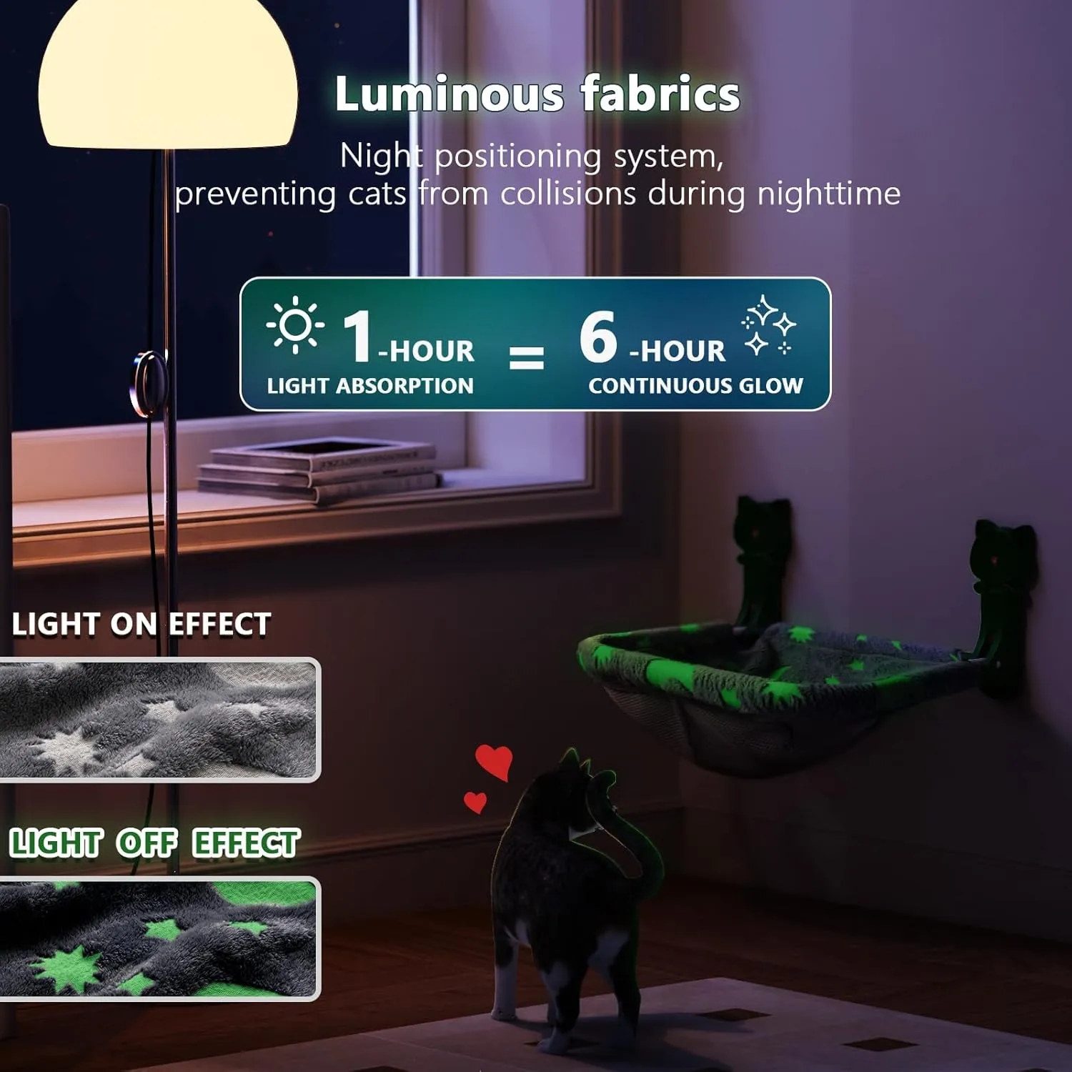 Cat Window Perch Cordless, Glow in The Dark Foldable & Stable Cat Beds- Breathable Window Hammock for Overlooking, Sunbathing and Climbing - Maximum Hold Up to 40lb