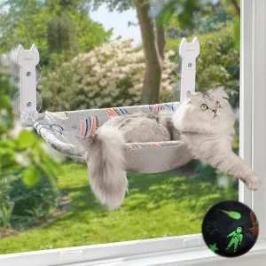 Cat Window Perch, Glow in The Dark Foldable Cat Hammock with Sunken Design & Removable Soft Cover, Breathable Cordless Window Bed for Resting Indoor Kitten (Grey, 1 Pack - M)