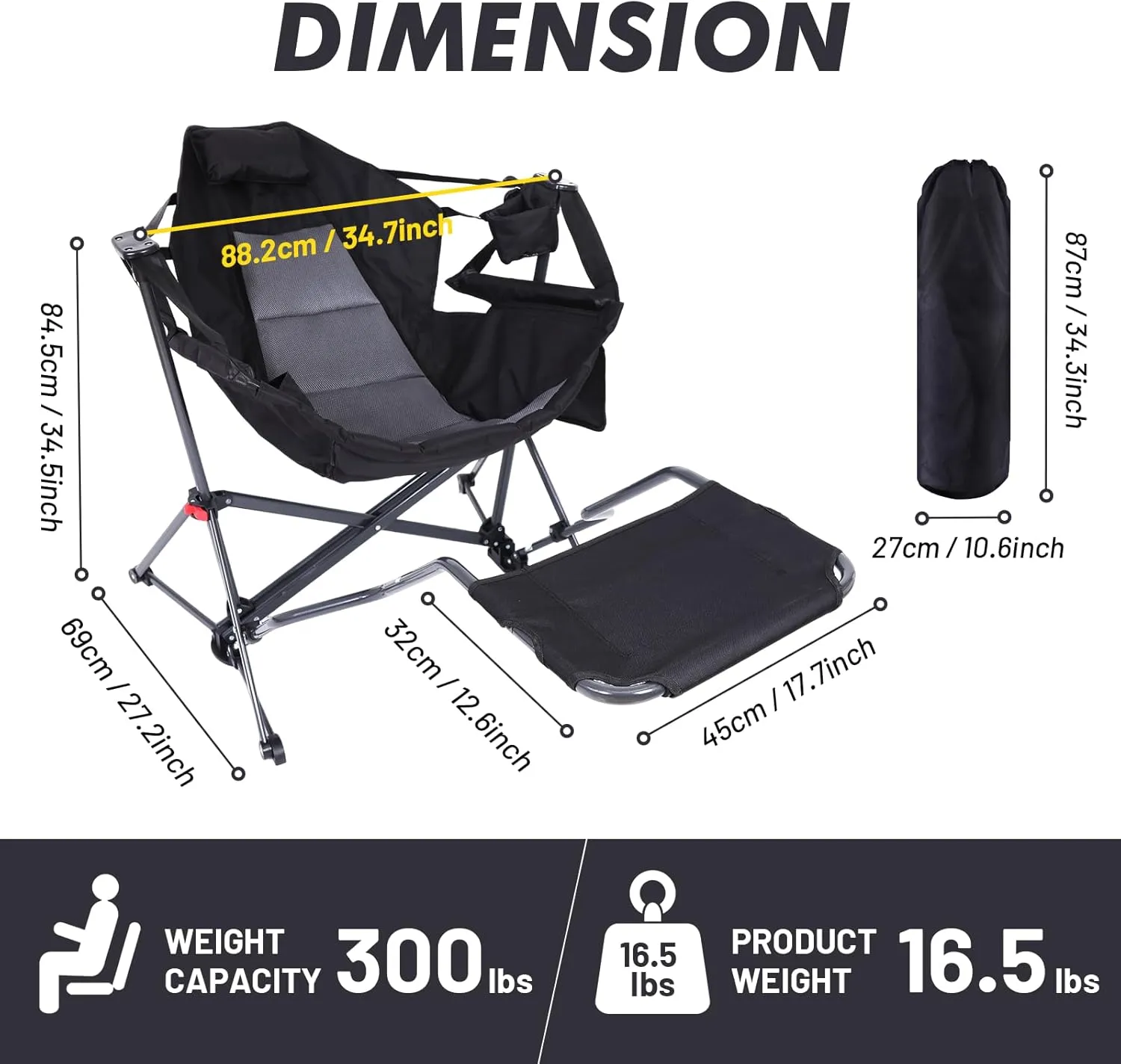 CDEN Hammock Chair with Footrest, Rocking Camping Chair, Swinging Chairs, with Detachable Footrest, Cup Holder, Side Pocket, Armrest, Foldable, for Camping, Picnic, Travel, Festival(1 Pack)