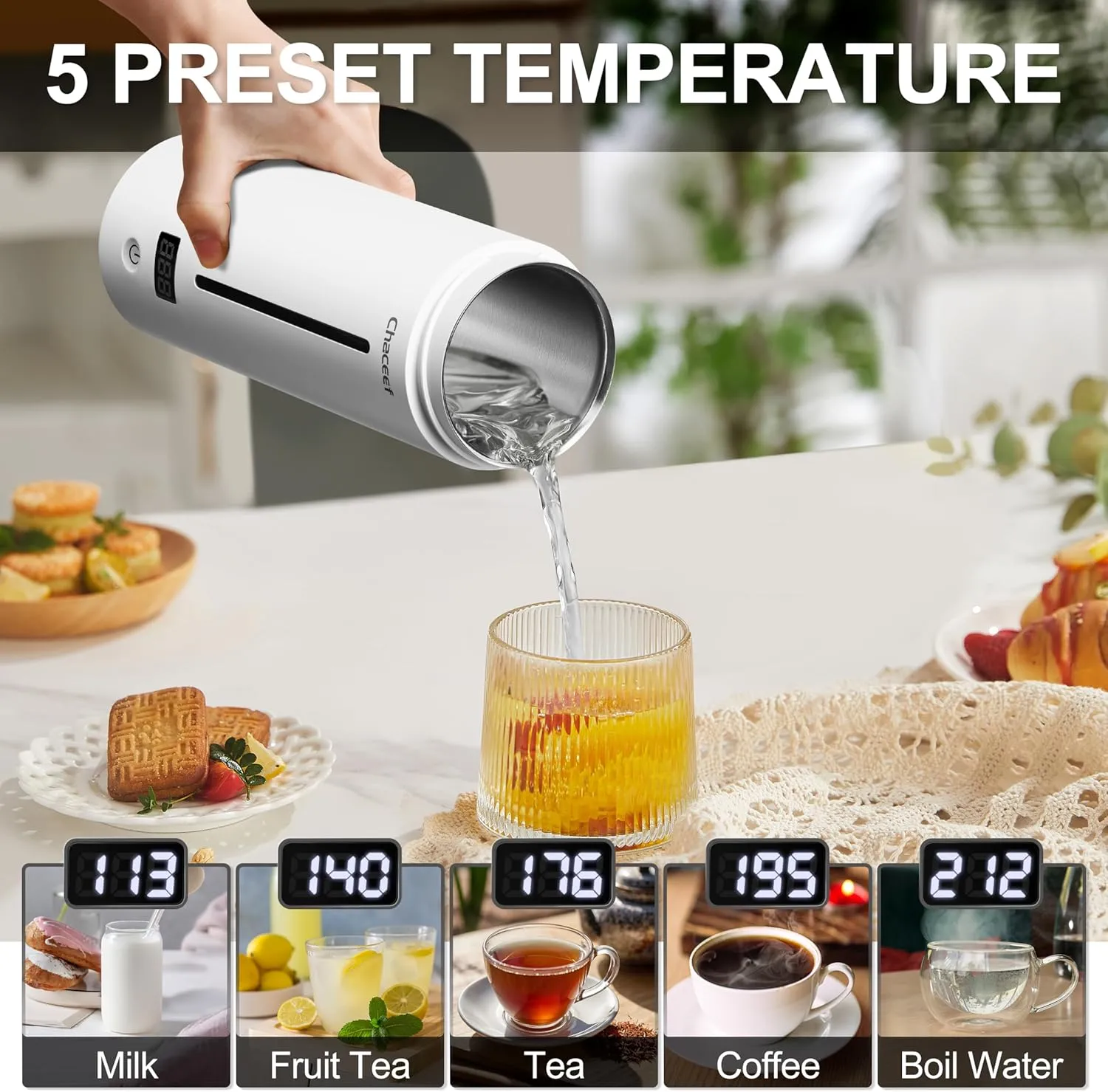 CHACEEF Travel Kettle 𝐔𝐩𝐠𝐫𝐚𝐝𝐞𝐝, Portable Electric Kettle, 350ml Small Electric Kettle with 5 Variable Presets, 304 Stainless Steel Hot Water Boiler with Auto Shut-Off & Boil Dry Protect, White