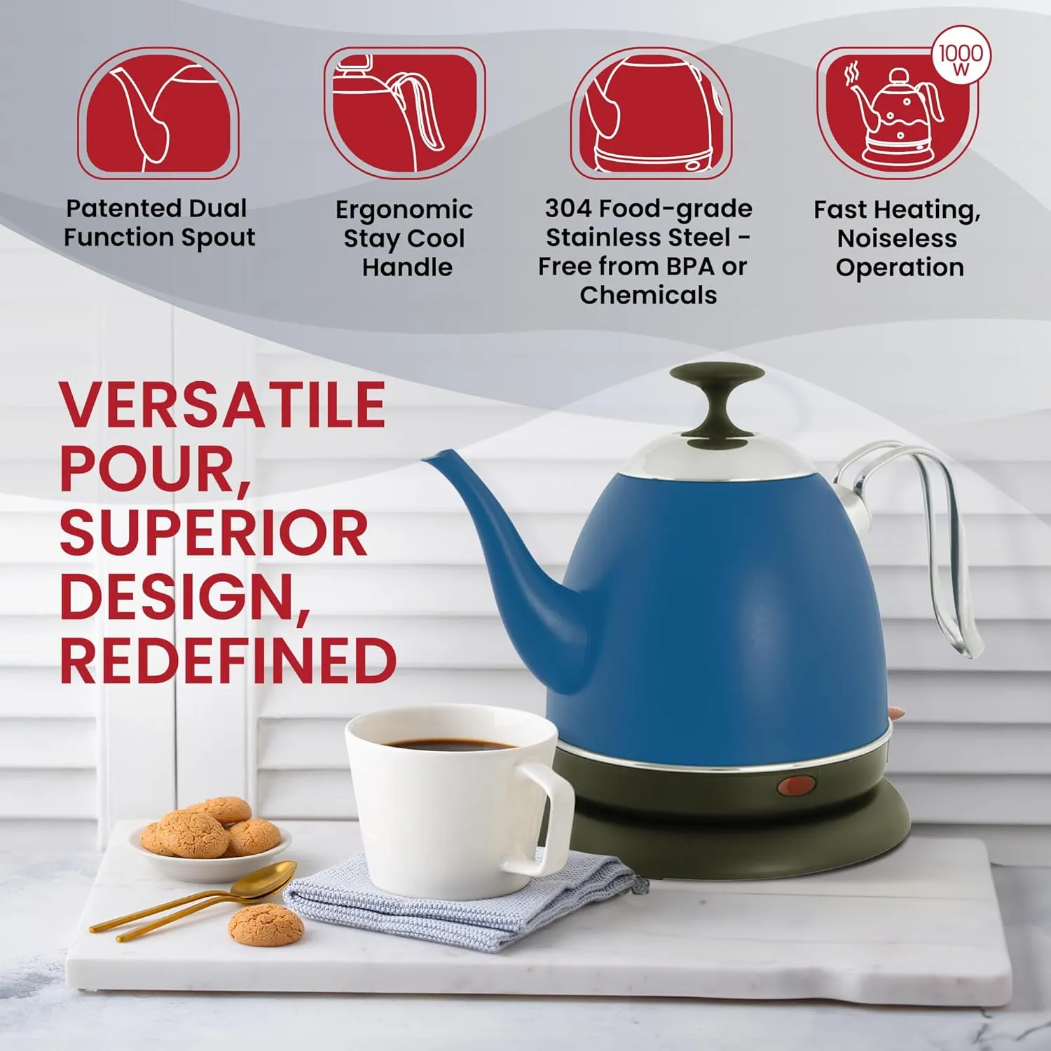 Chantal Mia electric water kettle, Matte Blue Ryder, 32 oz/4 cups