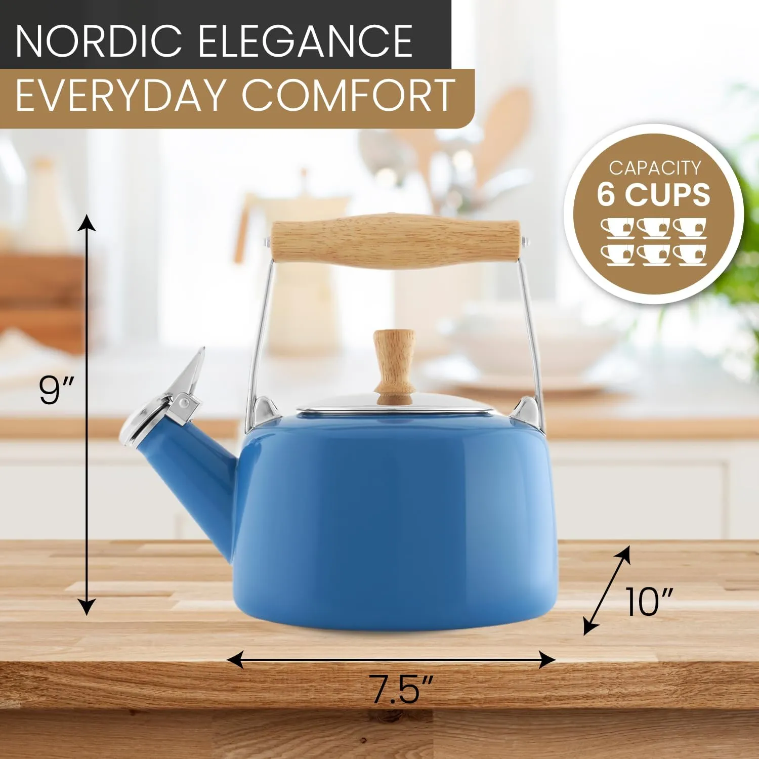 Chantal SVEN Enamel on Steel Whistling Teakettle with Natural Wood handle, 1.4 quarts (Blue Cove)