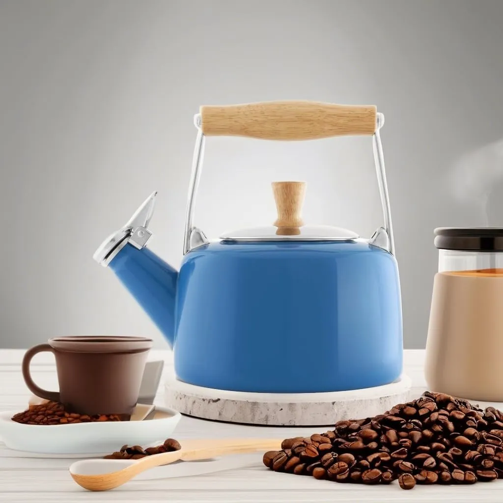 Chantal SVEN Enamel on Steel Whistling Teakettle with Natural Wood handle, 1.4 quarts (Blue Cove)