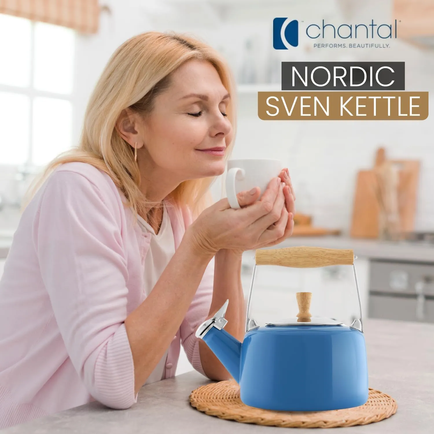Chantal SVEN Enamel on Steel Whistling Teakettle with Natural Wood handle, 1.4 quarts (Blue Cove)