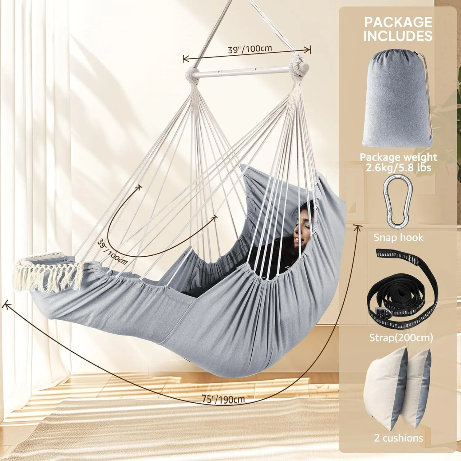 Chihee Hammock Chair Hanging Chair with Foot Rest 2 Cushions Max 500lbs Robust Metal Spreader Bar Collapsible Easy Storage Soft Cotton Swing Chair Strong Strap Iron Carabiner Side Pocket Included