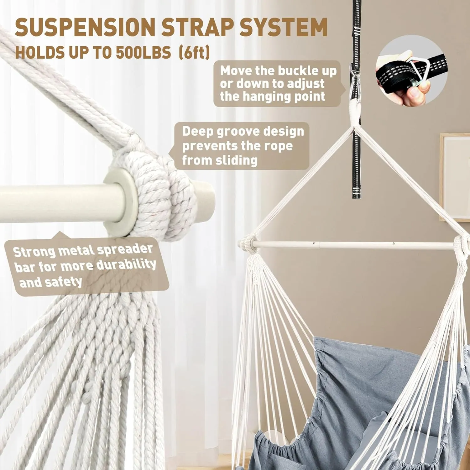 Chihee Hammock Chair Hanging Chair with Foot Rest 2 Cushions Max 500lbs Robust Metal Spreader Bar Collapsible Easy Storage Soft Cotton Swing Chair Strong Strap Iron Carabiner Side Pocket Included