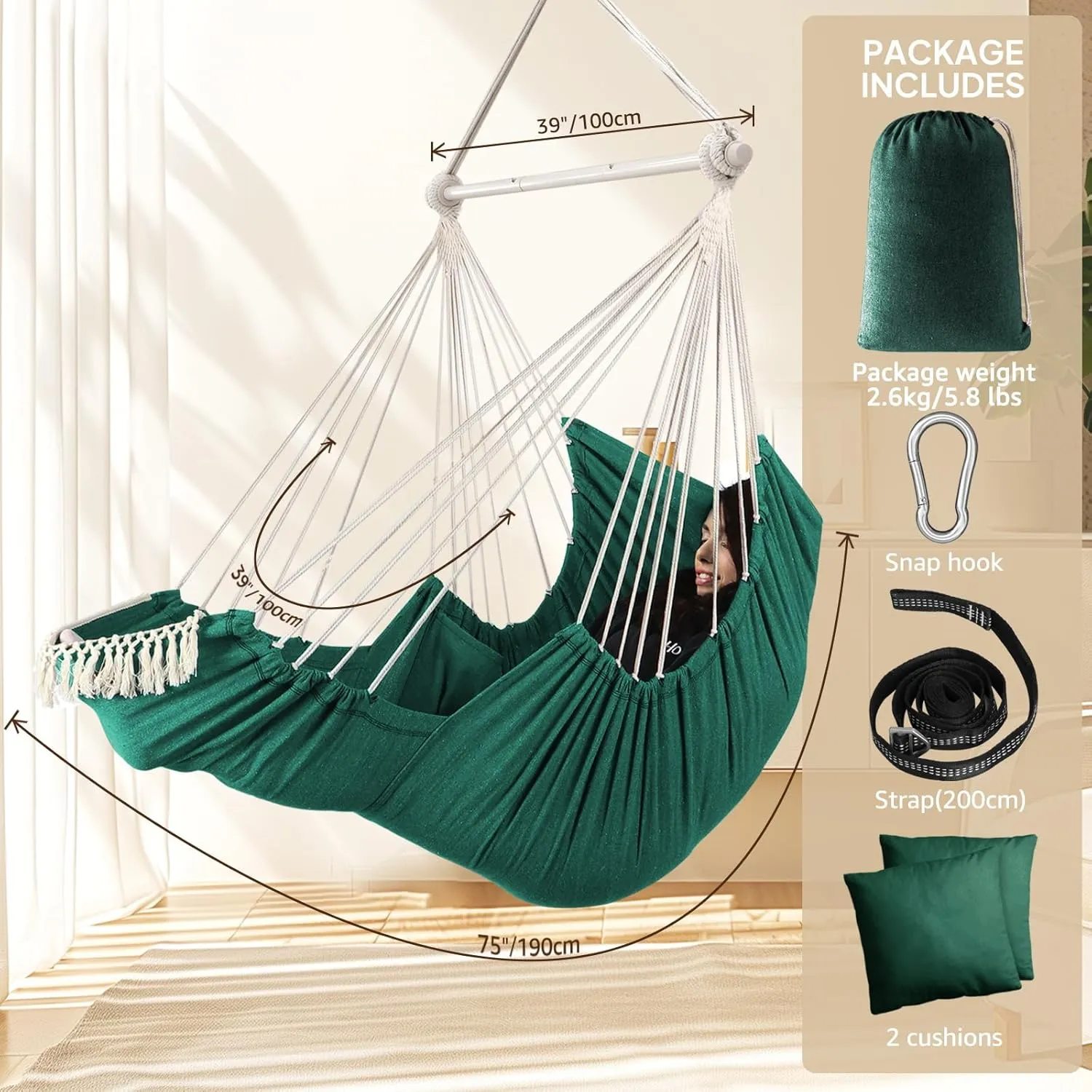 Chihee Hammock Chair Hanging Chair with Foot Rest 2 Cushions Max 500lbs Robust Metal Spreader Bar Collapsible Easy Storage Soft Cotton Swing Chair Strong Strap Iron Carabiner Side Pocket Included