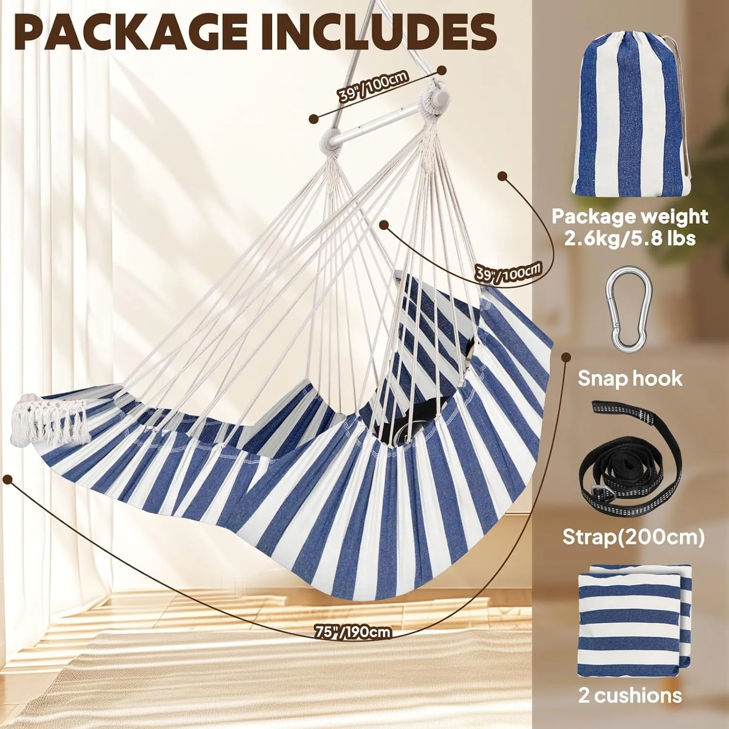 Chihee Hammock Chair Hanging Chair with Foot Rest 2 Cushions Max 500lbs Robust Metal Spreader Bar Collapsible Easy Storage Soft Cotton Swing Chair Strong Strap Iron Carabiner Side Pocket Included