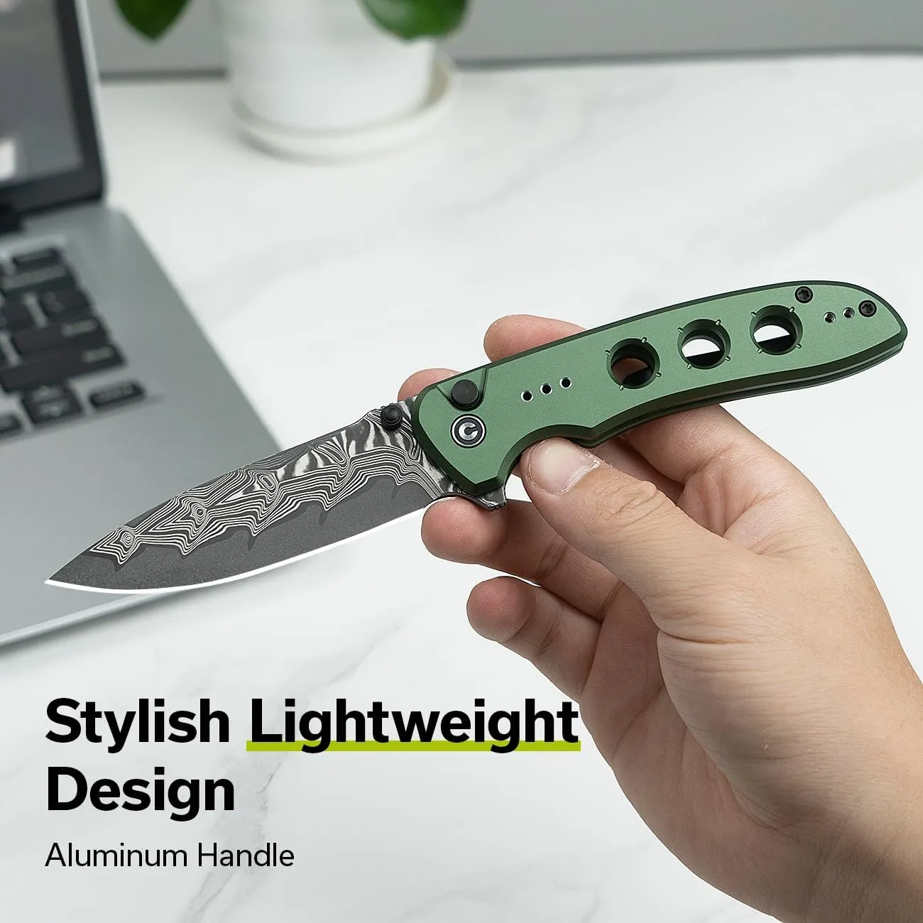 CIVIVI Hyperpulse Pocket Folding Knife, 3.5" Damascus Blade Lightweight Aluminum Handle, Flipper EDC Knife with Clip for Outdoor Camping Hiking Fishing C23087A-DS1 (Green)