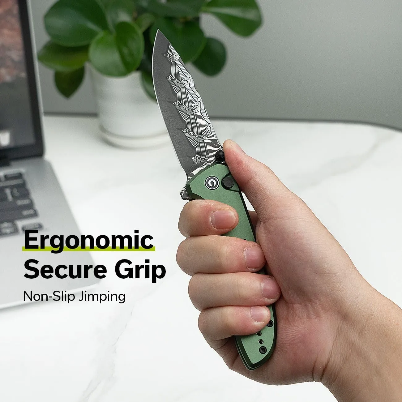 CIVIVI Hyperpulse Pocket Folding Knife, 3.5" Damascus Blade Lightweight Aluminum Handle, Flipper EDC Knife with Clip for Outdoor Camping Hiking Fishing C23087A-DS1 (Green)