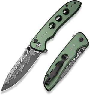 CIVIVI Hyperpulse Pocket Folding Knife, 3.5" Damascus Blade Lightweight Aluminum Handle, Flipper EDC Knife with Clip for Outdoor Camping Hiking Fishing C23087A-DS1 (Green)