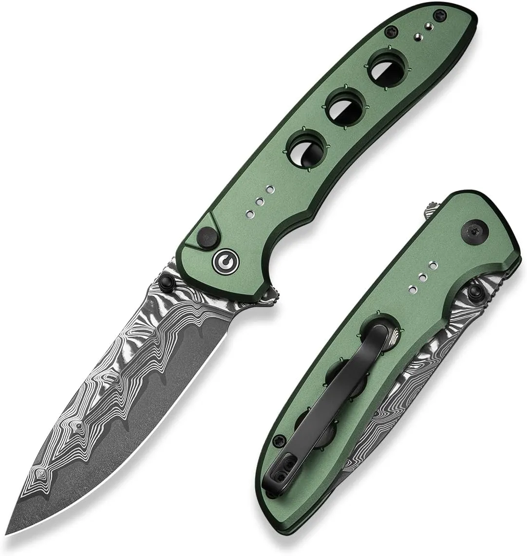 CIVIVI Hyperpulse Pocket Folding Knife, 3.5" Damascus Blade Lightweight Aluminum Handle, Flipper EDC Knife with Clip for Outdoor Camping Hiking Fishing C23087A-DS1 (Green)