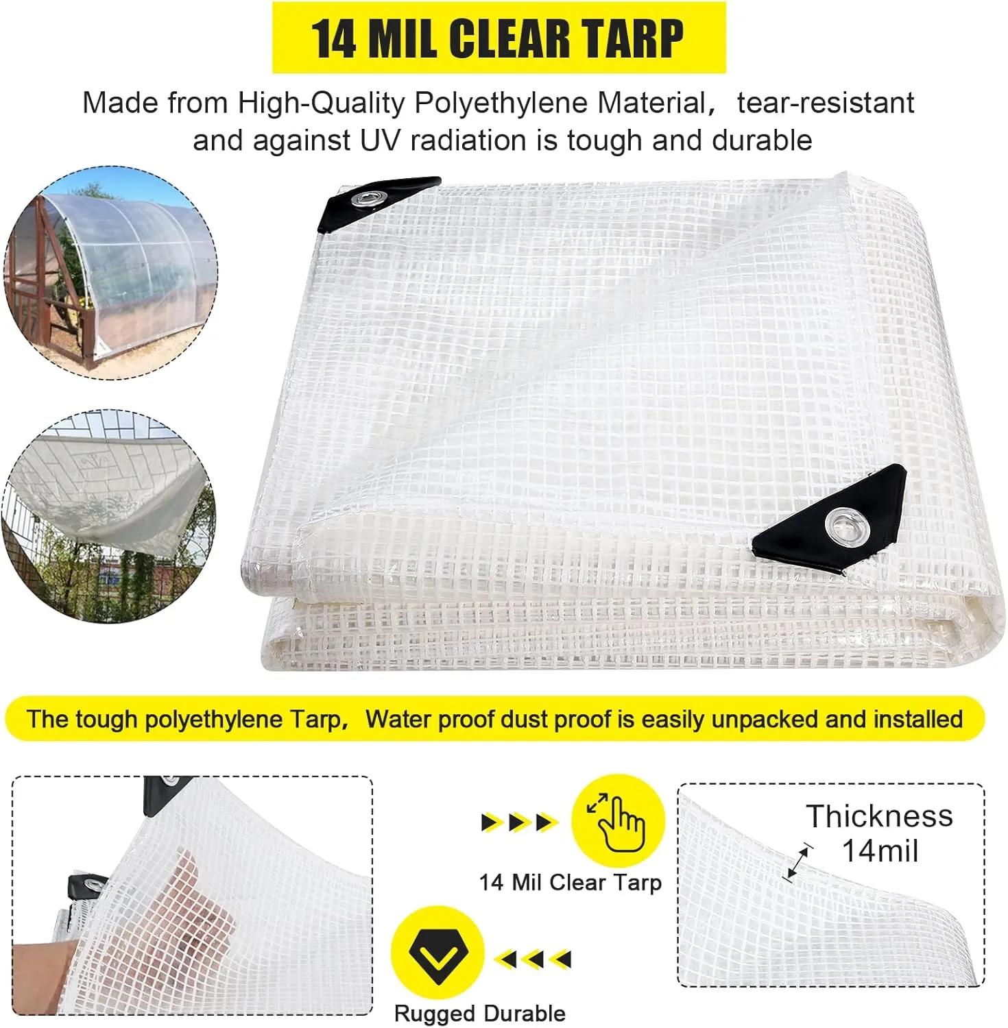 Clear Greenhouse Heavy Duty tarp 14 Mil Clear Waterproof Cover,UV Resistant Poly Tarp with Grommets 6 x12ft Superior Strength,for Gardening, Farming, Nursery, Garden