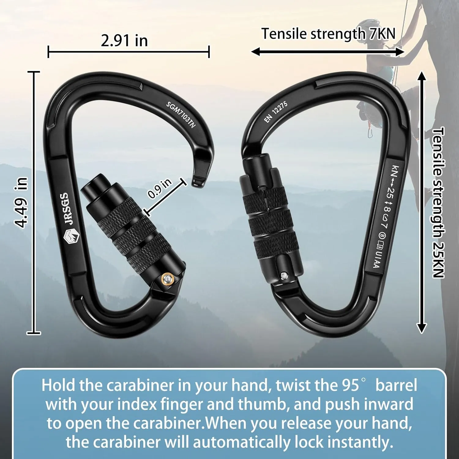 Climbing Carabiner 25KN Large Carabiner Clip Auto Locking Carabiner Obtained UIAA Certification Heavy Duty Carabiners Suitable for Rock Climbing, Camping, Gym,Rescue