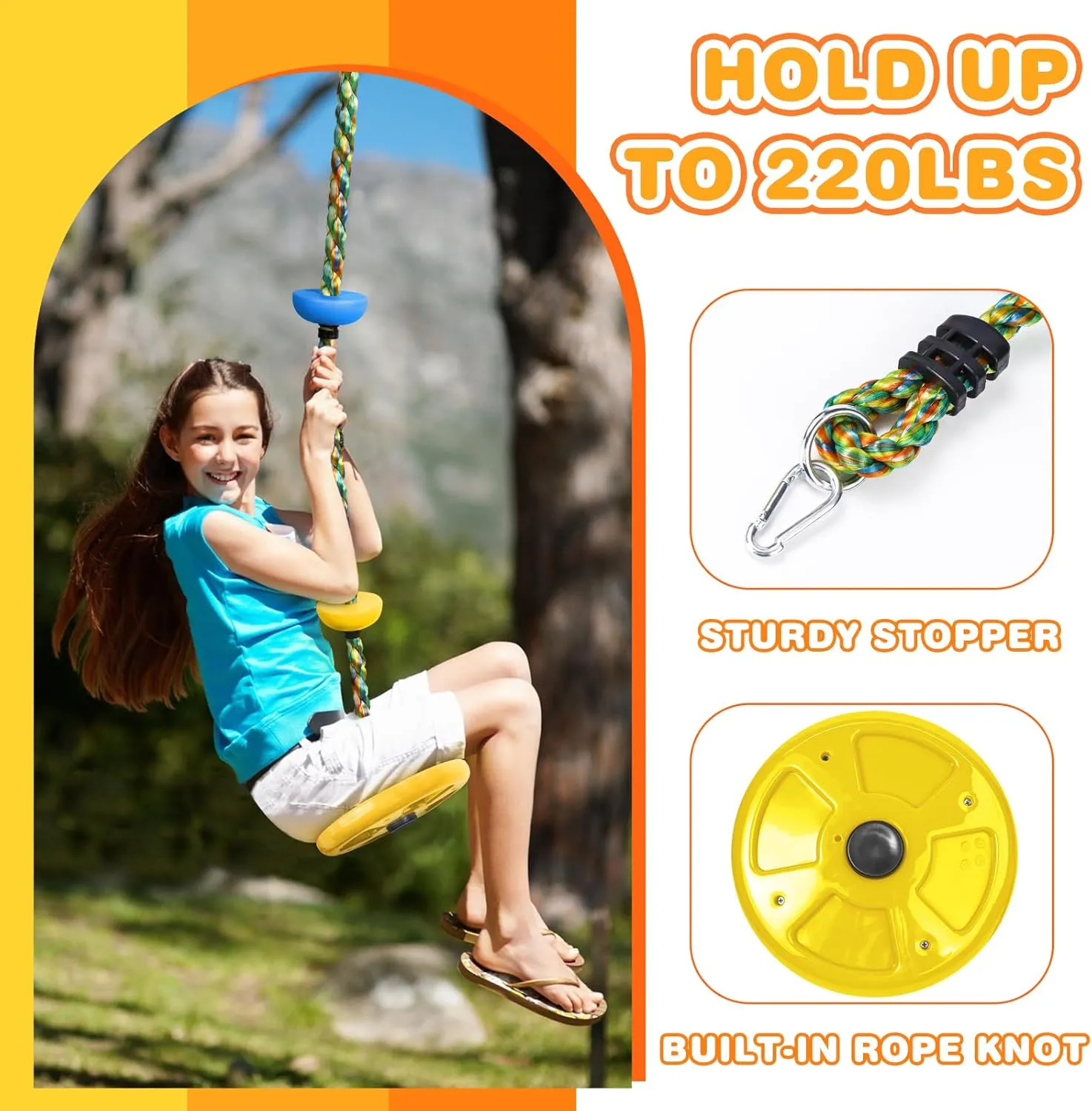 Climbing Rope Tree Swing with Platforms and Disc Swing Seat Set Outdoor Playground Accessories for Kids Including Hanging Strap & Carabiner
