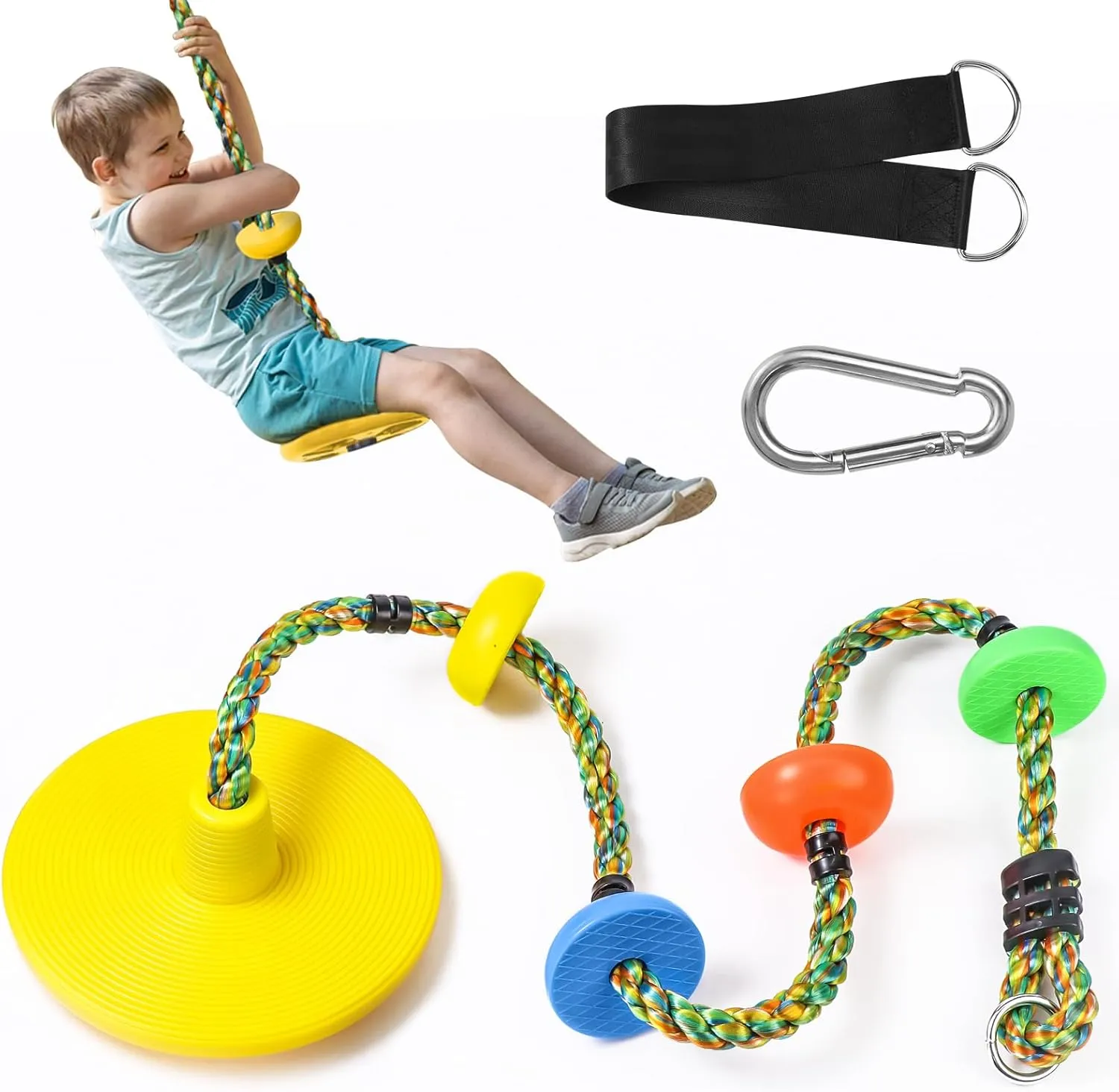 Climbing Rope Tree Swing with Platforms and Disc Swing Seat Set Outdoor Playground Accessories for Kids Including Hanging Strap & Carabiner