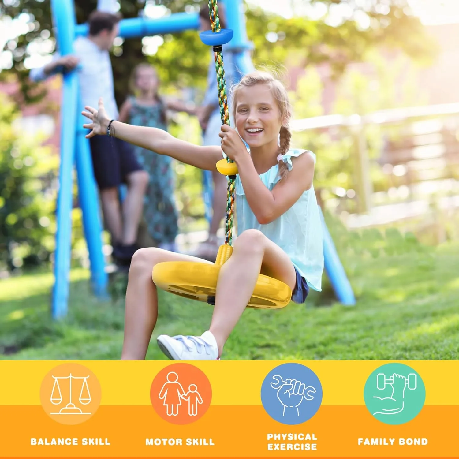 Climbing Rope Tree Swing with Platforms and Disc Swing Seat Set Outdoor Playground Accessories for Kids Including Hanging Strap & Carabiner