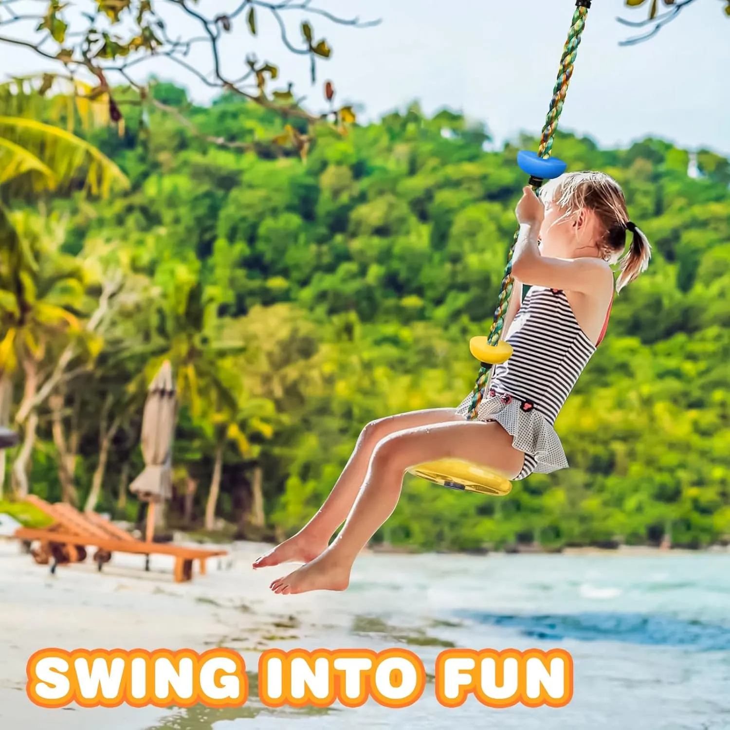 Climbing Rope Tree Swing with Platforms and Disc Swing Seat Set Outdoor Playground Accessories for Kids Including Hanging Strap & Carabiner