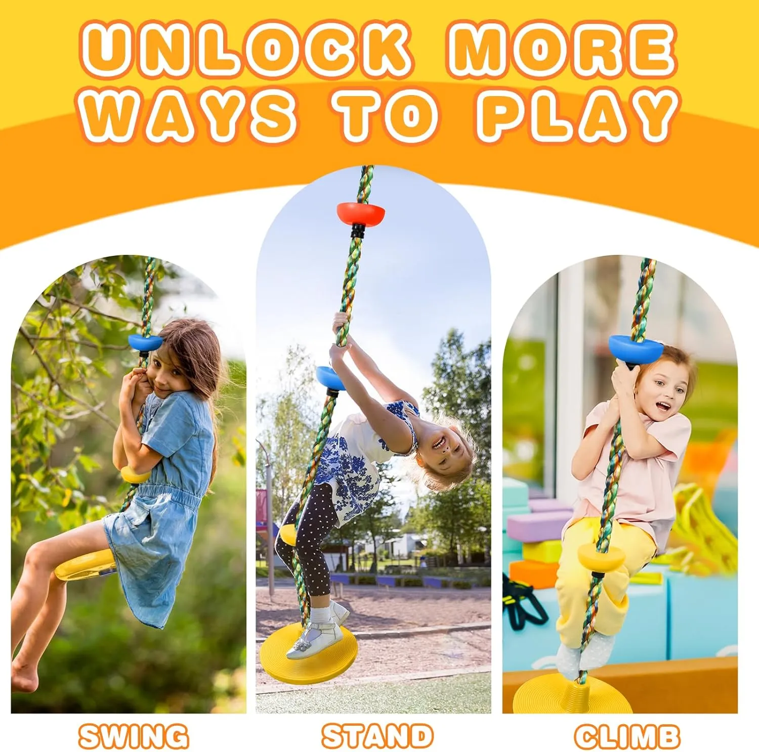 Climbing Rope Tree Swing with Platforms and Disc Swing Seat Set Outdoor Playground Accessories for Kids Including Hanging Strap & Carabiner