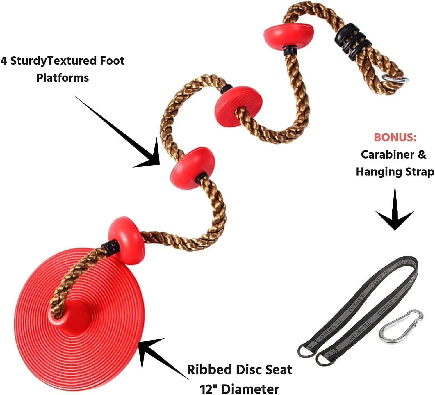 Climbing Rope with Platforms for Kids, Disc Tree Swing Seat Set Including Hanging Strap and Carabiner, Outdoor Rope Swing Playground Equipment Playset (red)