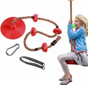 Climbing Rope with Platforms for Kids, Disc Tree Swing Seat Set Including Hanging Strap and Carabiner, Outdoor Rope Swing Playground Equipment Playset (red)
