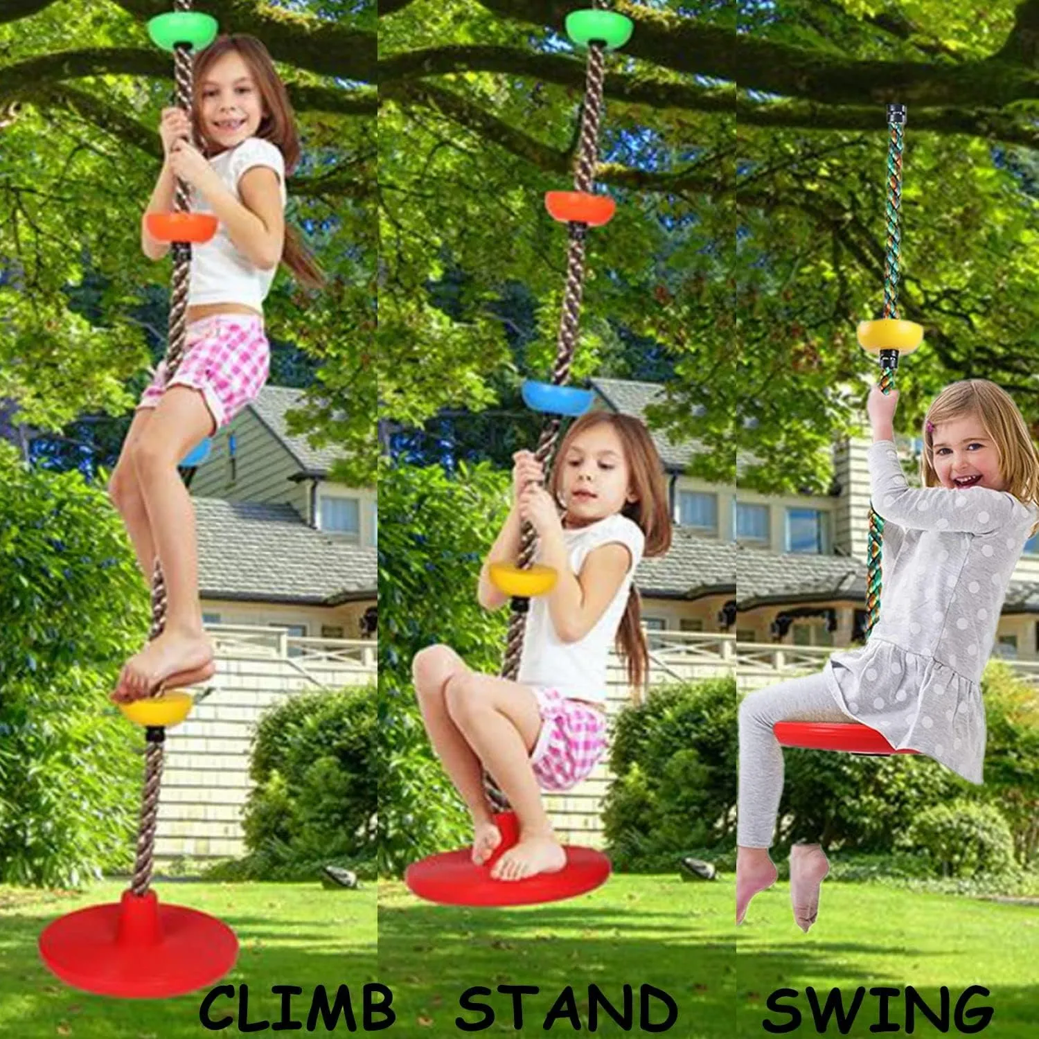 Climbing Rope with Platforms for Kids, Disc Tree Swing Seat Set Including Hanging Strap and Carabiner, Outdoor Rope Swing Playground Equipment Playset (red)