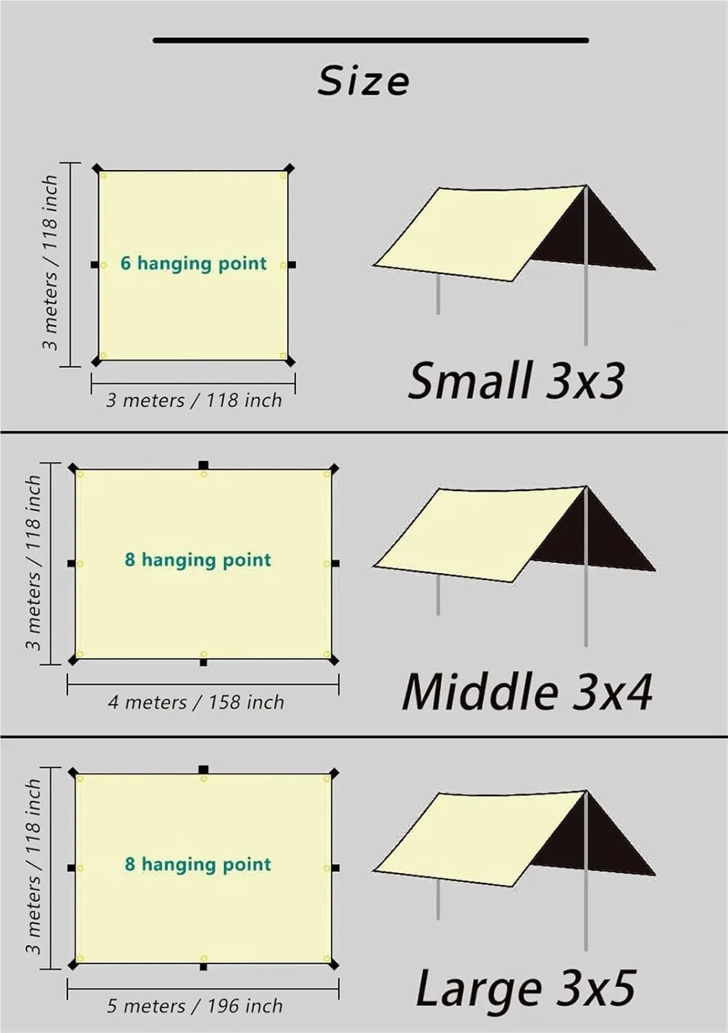 Coating Tarp Block Ourdoor Camping Waterproof Sun Shelter 3x3 3x4 3x5 Coated Beach Sunshade Canopy Without Poles for Outdoors, Picnic(Kit B (6pegs 6ropes),3 * 4M)
