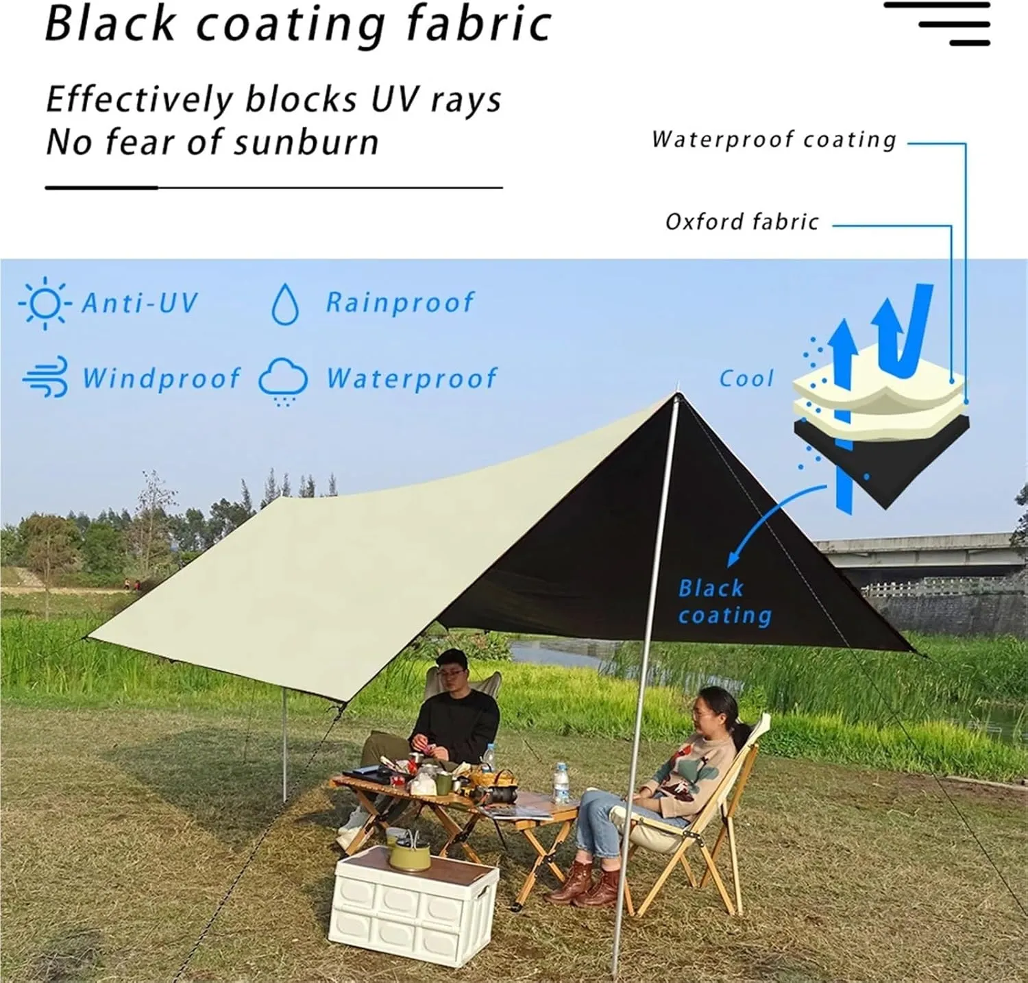 Coating Tarp Block Ourdoor Camping Waterproof Sun Shelter 3x3 3x4 3x5 Coated Beach Sunshade Canopy Without Poles for Outdoors, Picnic(Kit B (6pegs 6ropes),3 * 4M)