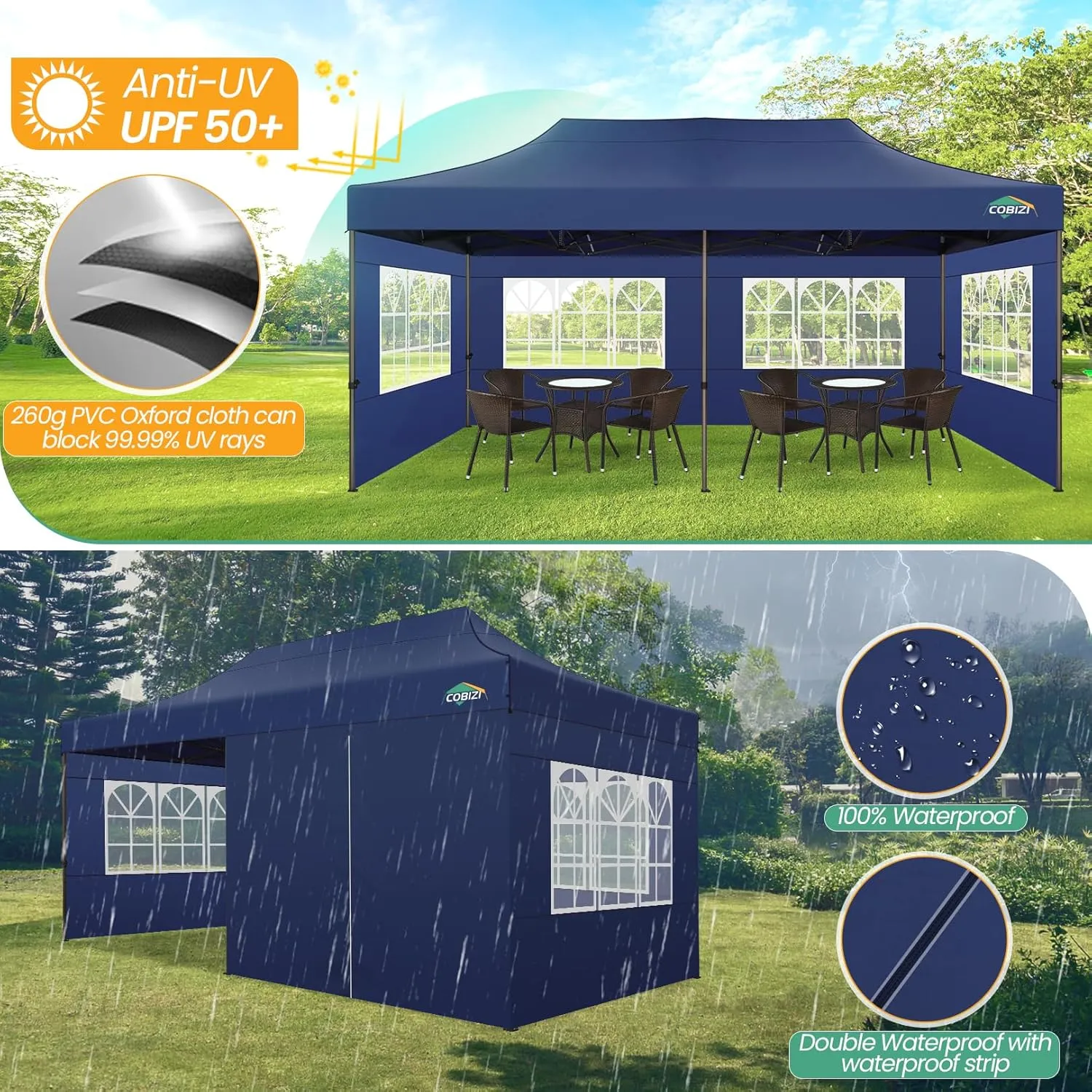 COBIZI 10x20 Heavy Duty Pop up Canopy Tent with 6 Sidewalls, Commercial Instant Canopies Tents for Parties Gazebos with Roller Bag, All Season Wind & Waterproof UPF50 ,Thickened Hexagonal Frame