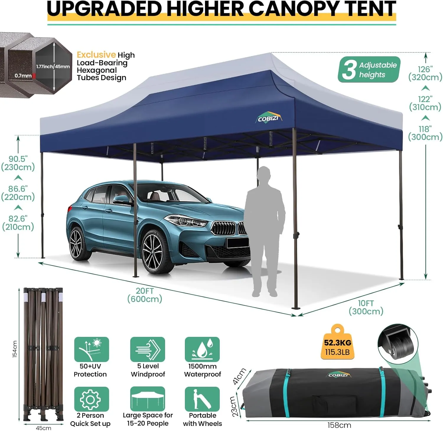 COBIZI 10x20 Heavy Duty Pop up Canopy Tent with 6 Sidewalls, Commercial Instant Canopies Tents for Parties Gazebos with Roller Bag, All Season Wind & Waterproof UPF50 ,Thickened Hexagonal Frame