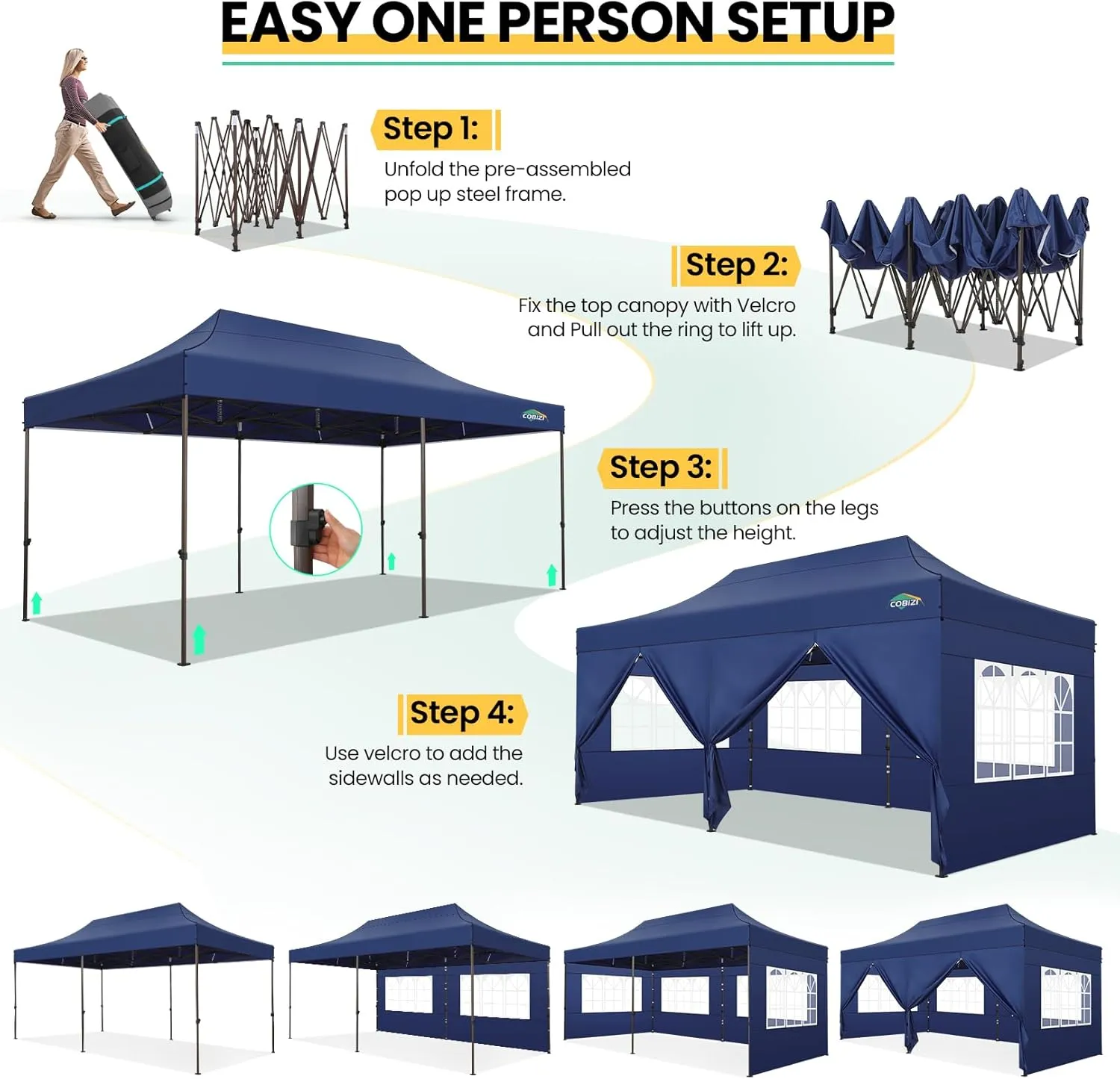 COBIZI 10x20 Heavy Duty Pop up Canopy Tent with 6 Sidewalls, Commercial Instant Canopies Tents for Parties Gazebos with Roller Bag, All Season Wind & Waterproof UPF50 ,Thickened Hexagonal Frame