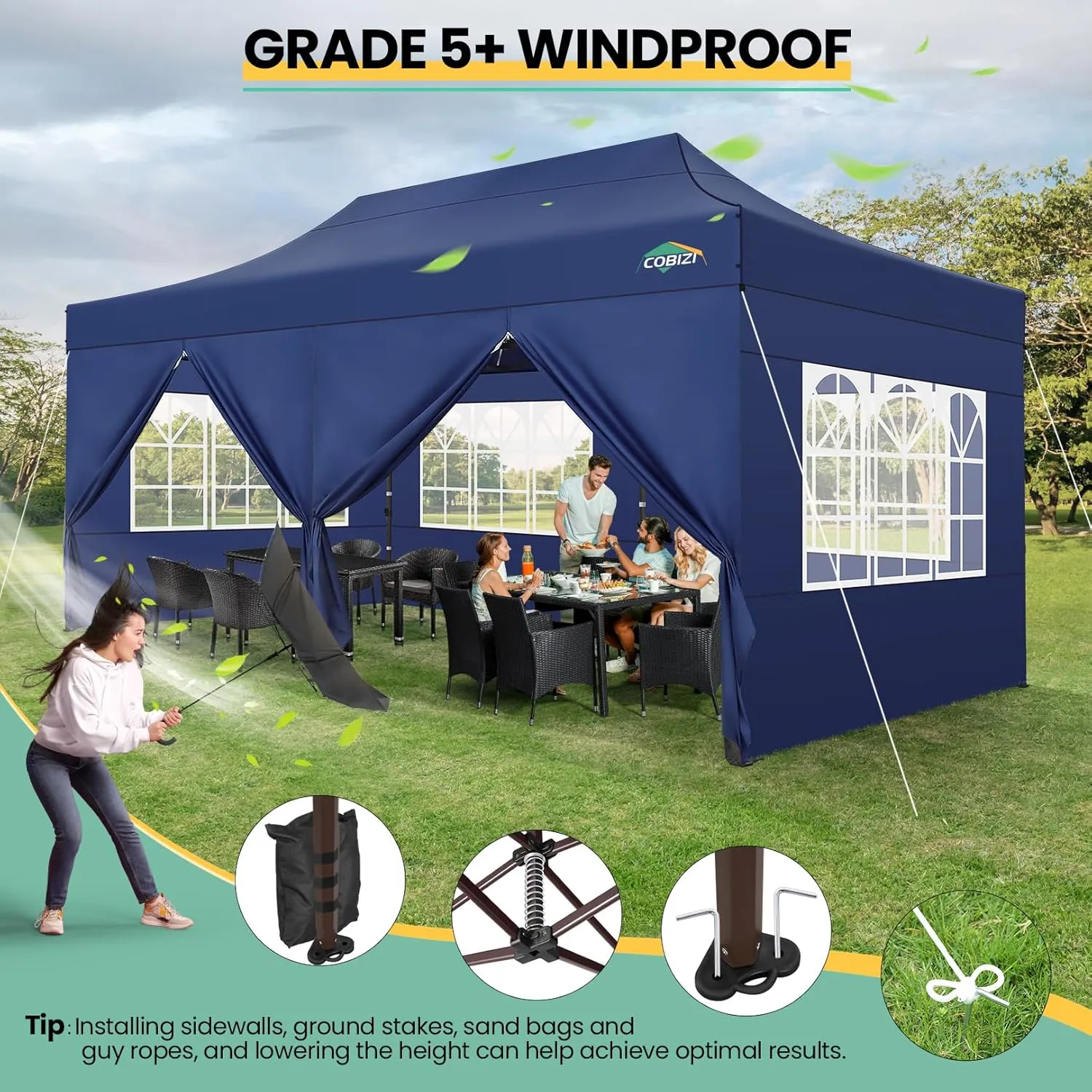 COBIZI 10x20 Heavy Duty Pop up Canopy Tent with 6 Sidewalls, Commercial Instant Canopies Tents for Parties Gazebos with Roller Bag, All Season Wind & Waterproof UPF50 ,Thickened Hexagonal Frame