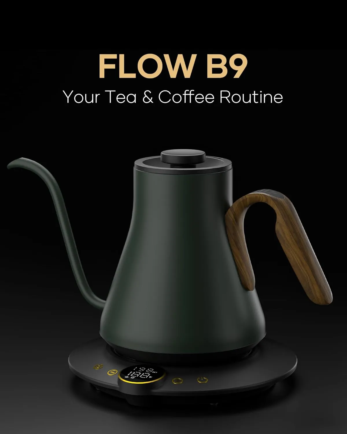 Cocinare FLOW B9 Gooseneck Electric Kettle, Precise Temperature Control for Pour-Over Coffee & Tea Brewing, Stainless Steel Interior, Rapid Heating for Boiling Water 0.9L (Green Wooden)