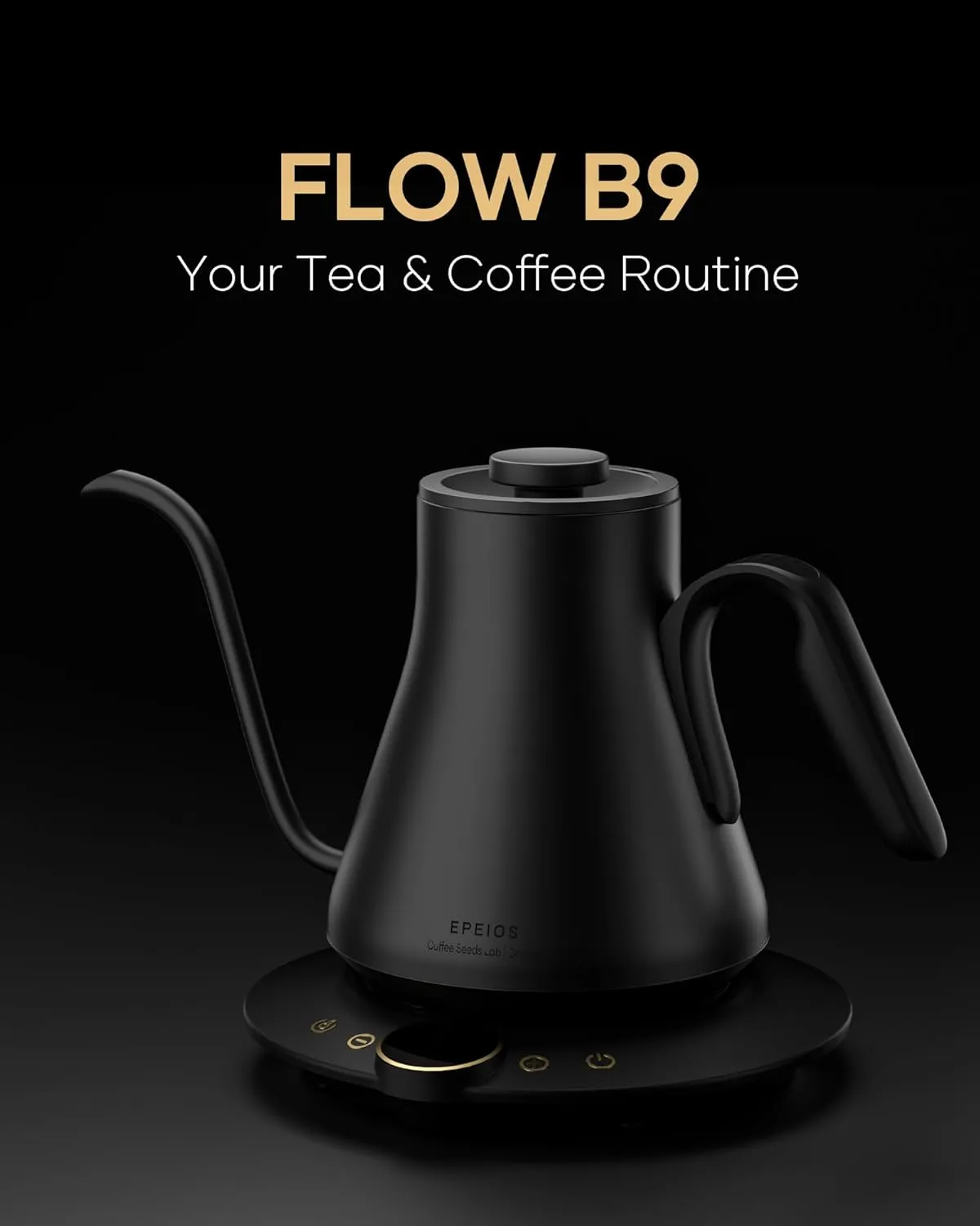 Cocinare FLOW B9 Gooseneck Electric Kettle, Precise Temperature Control for Pour-Over Coffee & Tea Brewing, Stainless Steel Interior, Rapid Heating for Boiling Water, 0.9L Matte Black