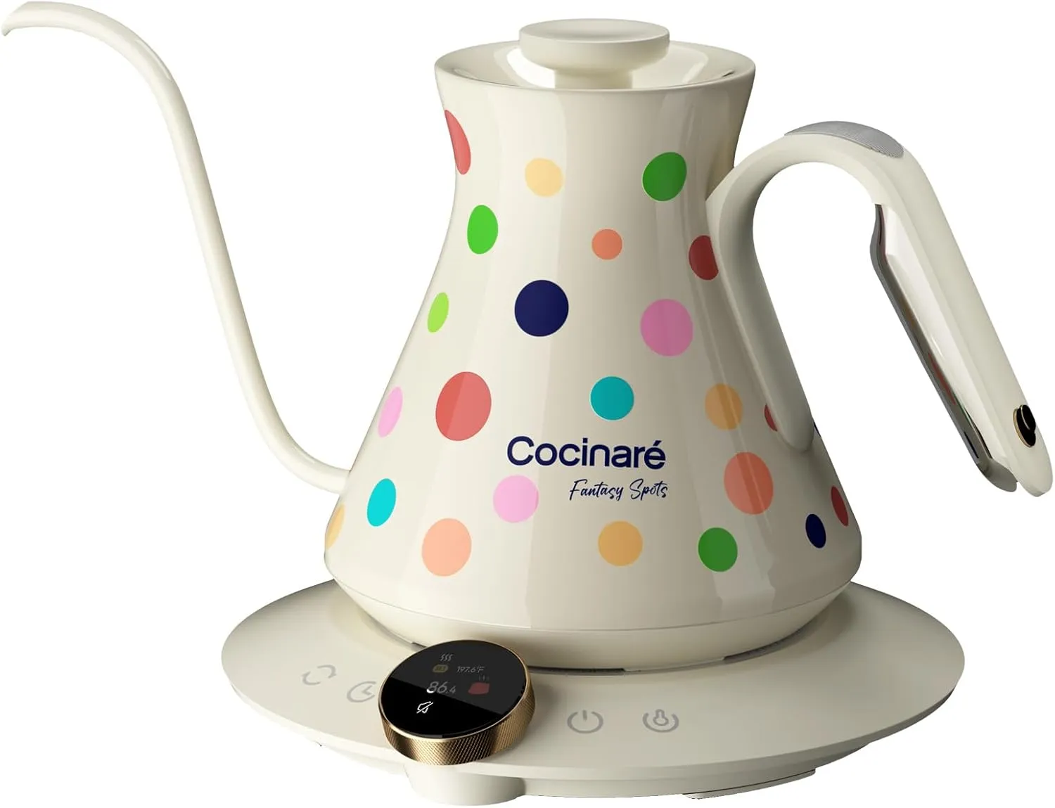 Cocinare M6 Pro Electric Gooseneck Kettle with Color-Changing Design, ±0.5℉ Temperature Control for Pour-over Coffee & Tea, Stainless Steel Interior, Quick Heating for Boiling Water (Polka)