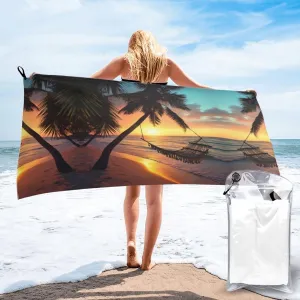 Coconut Beach Sunset Hammock Print Quick Dry Towel Super Absorbent Microfiber Towel for Outdoor Adventures and Trav