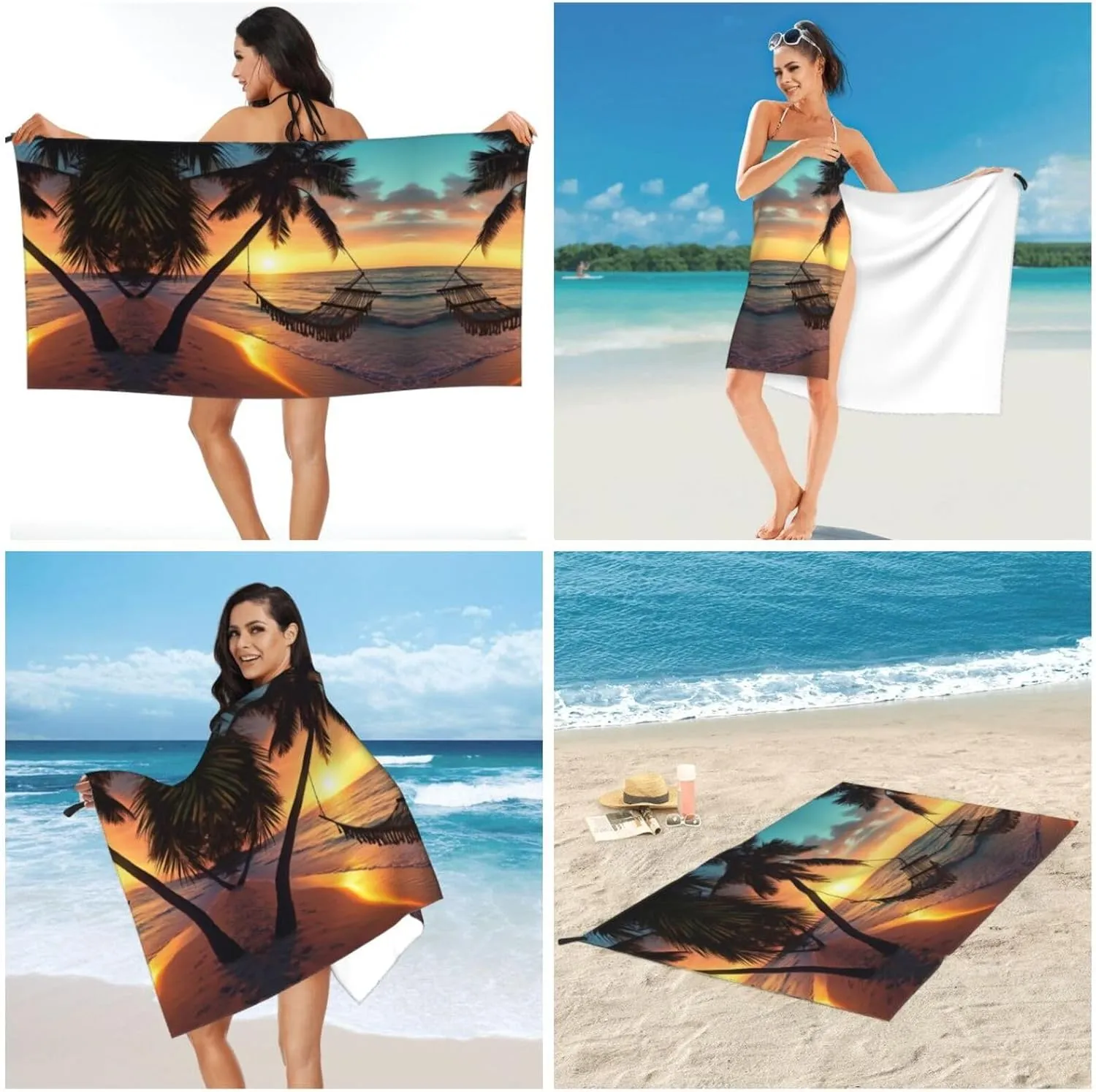 Coconut Beach Sunset Hammock Print Quick Dry Towel Super Absorbent Microfiber Towel for Outdoor Adventures and Trav